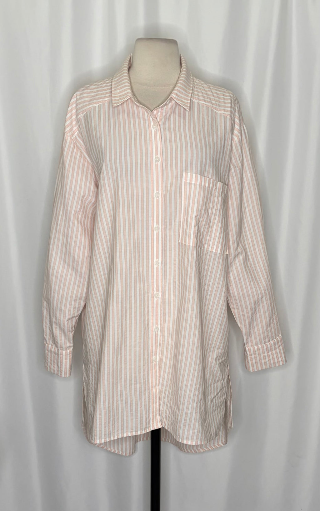 By ANTHROPOLOGIE Longline Button Down Pink White Stripe Shirt Buttondown Large