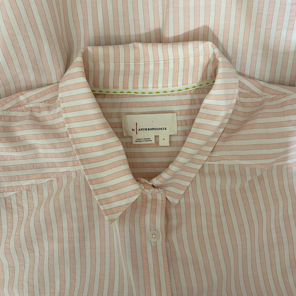 By ANTHROPOLOGIE Longline Button Down Pink White Stripe Shirt Buttondown Large