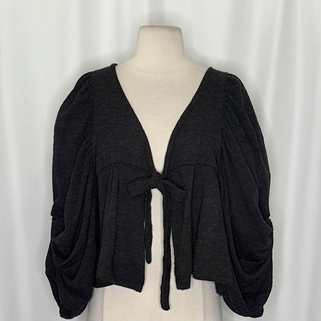 Anthropologie CARTONNIER Tie-Front Puff Sleeve Cropped Cardigan Sweater Medium