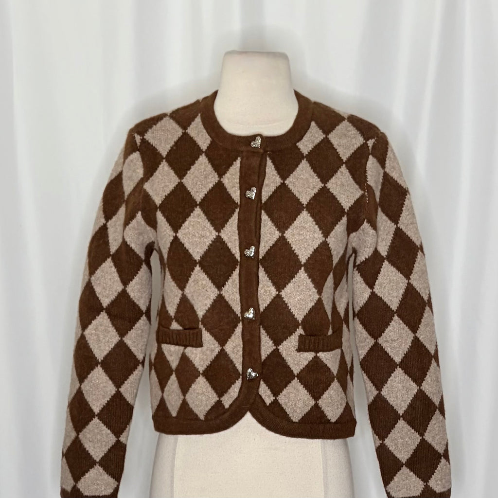 ZARA Argyle Cropped Cardigan Wool Blend Heart Buttons Blogger Favorite Small