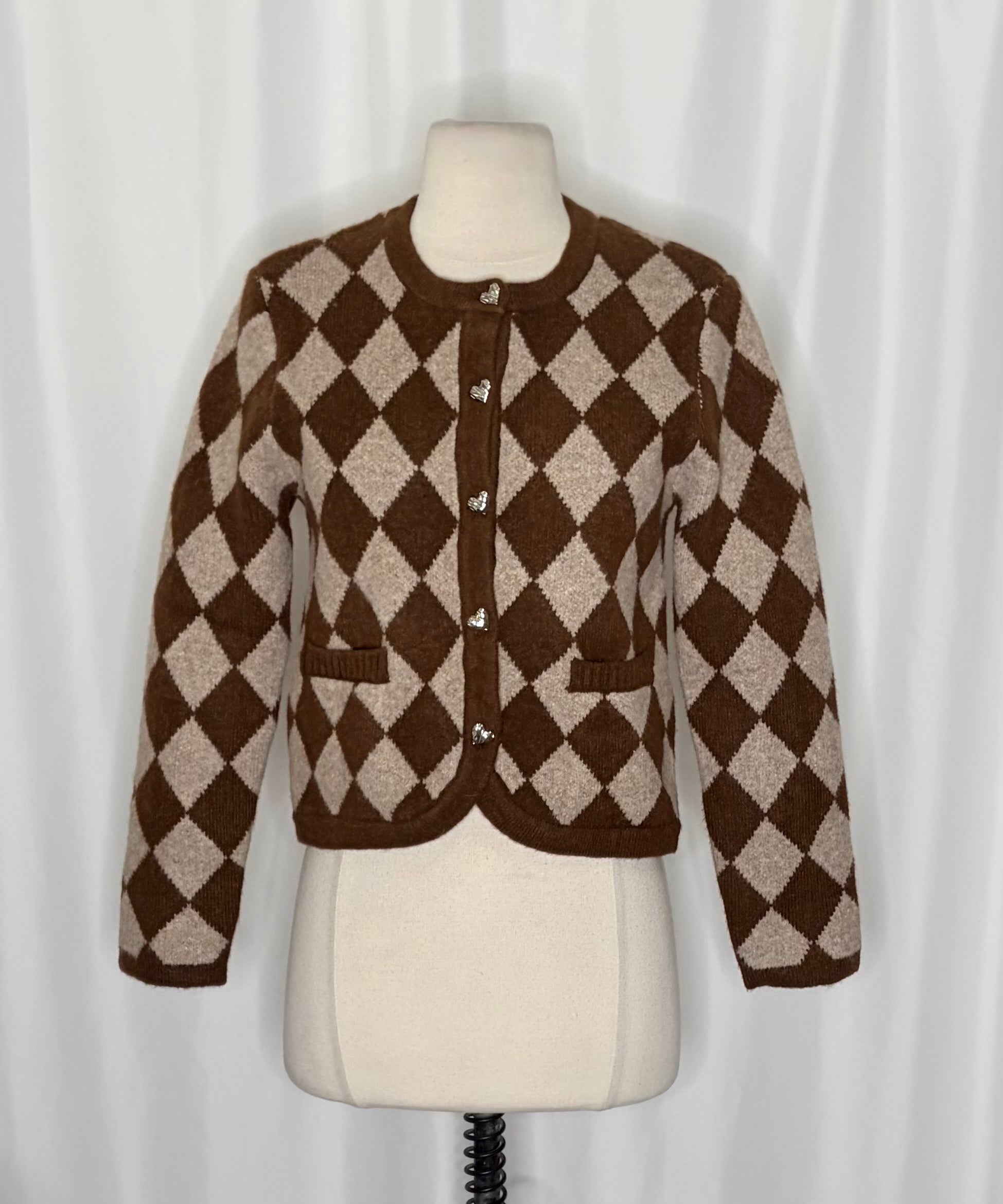 ZARA Argyle Cropped Cardigan Wool Blend Heart Buttons Blogger Favorite Small