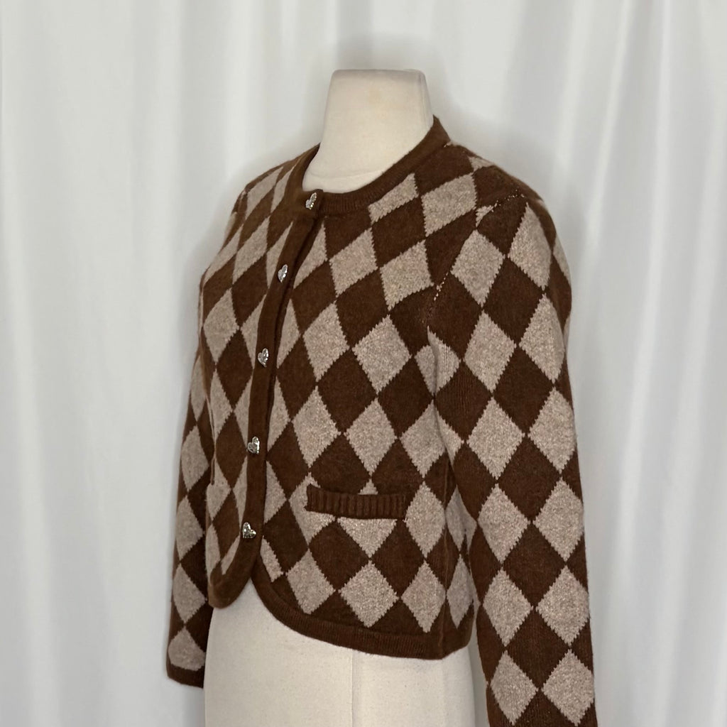 ZARA Argyle Cropped Cardigan Wool Blend Heart Buttons Blogger Favorite Small