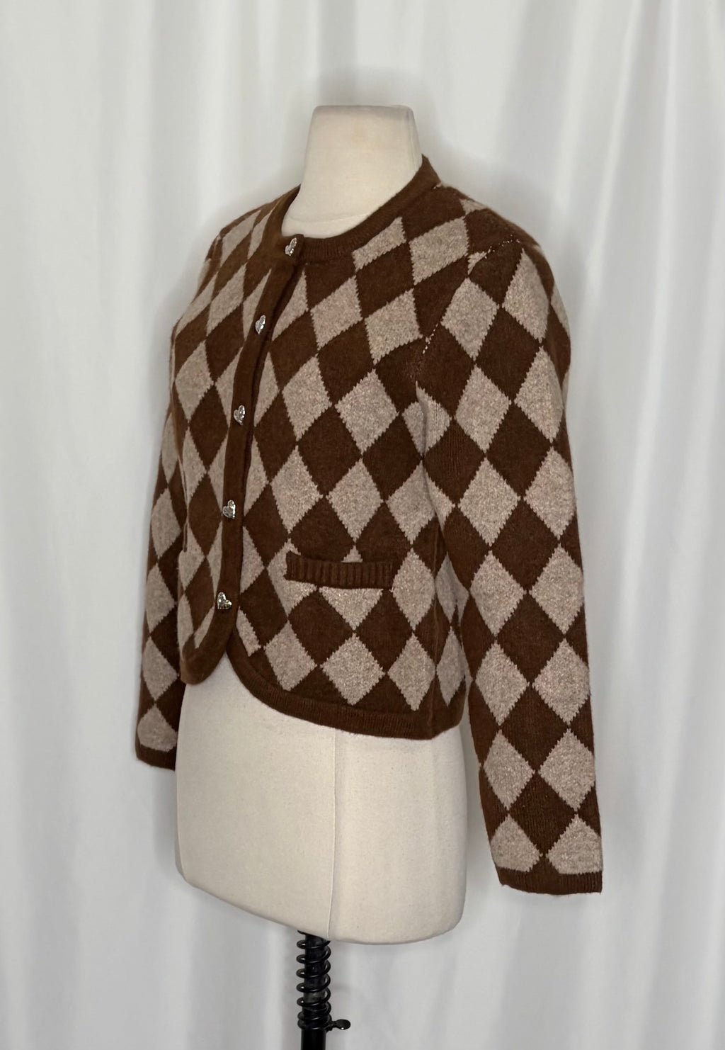 ZARA Argyle Cropped Cardigan Wool Blend Heart Buttons Blogger Favorite Small