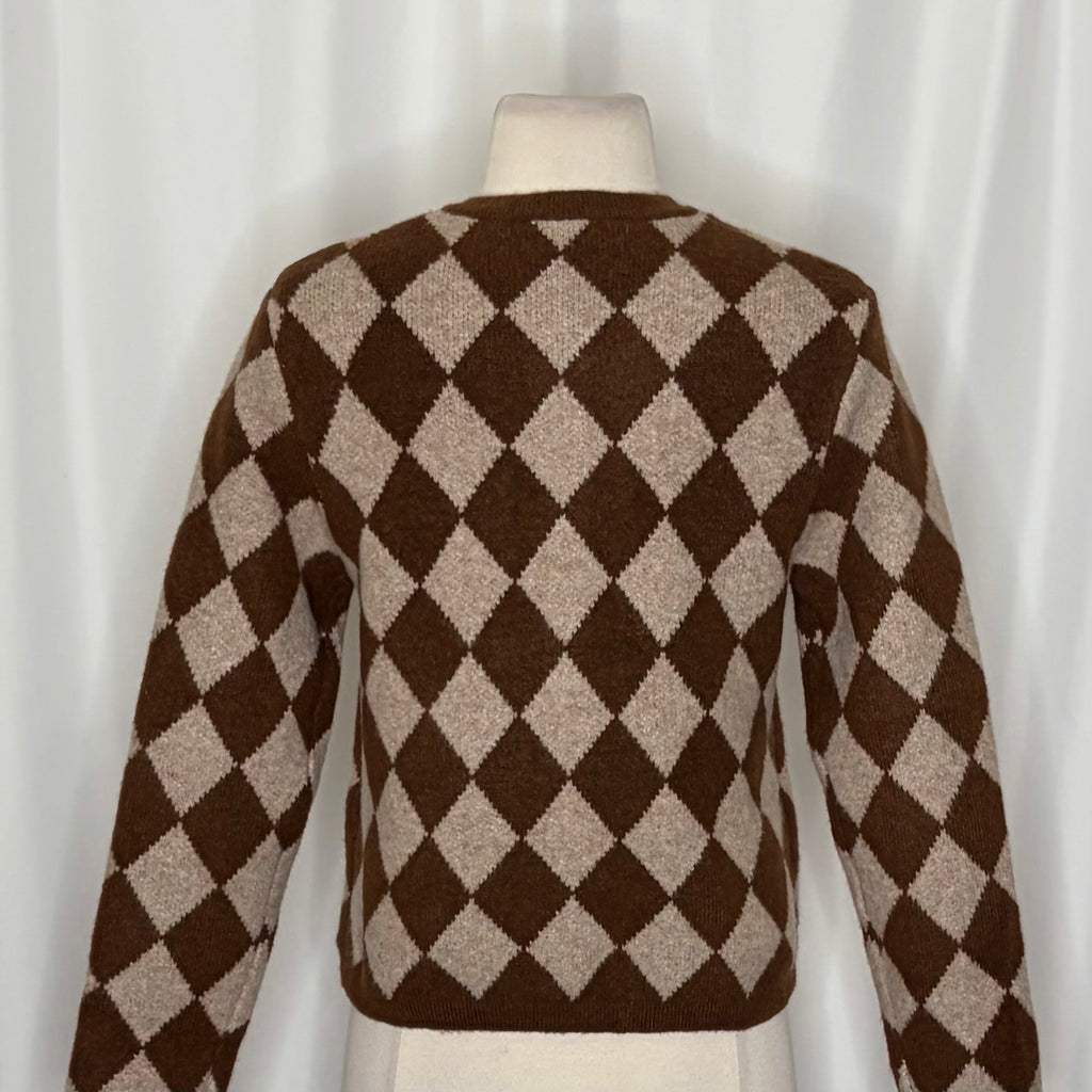 ZARA Argyle Cropped Cardigan Wool Blend Heart Buttons Blogger Favorite Small