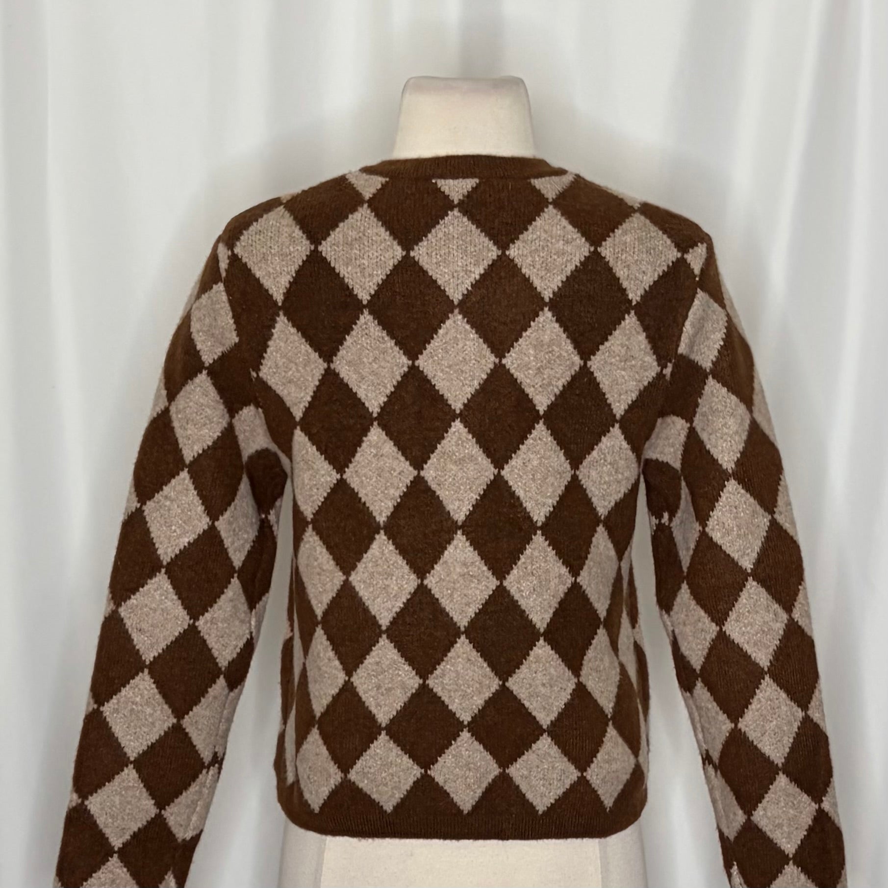 ZARA Argyle Cropped Cardigan Wool Blend Heart Buttons Blogger Favorite Small
