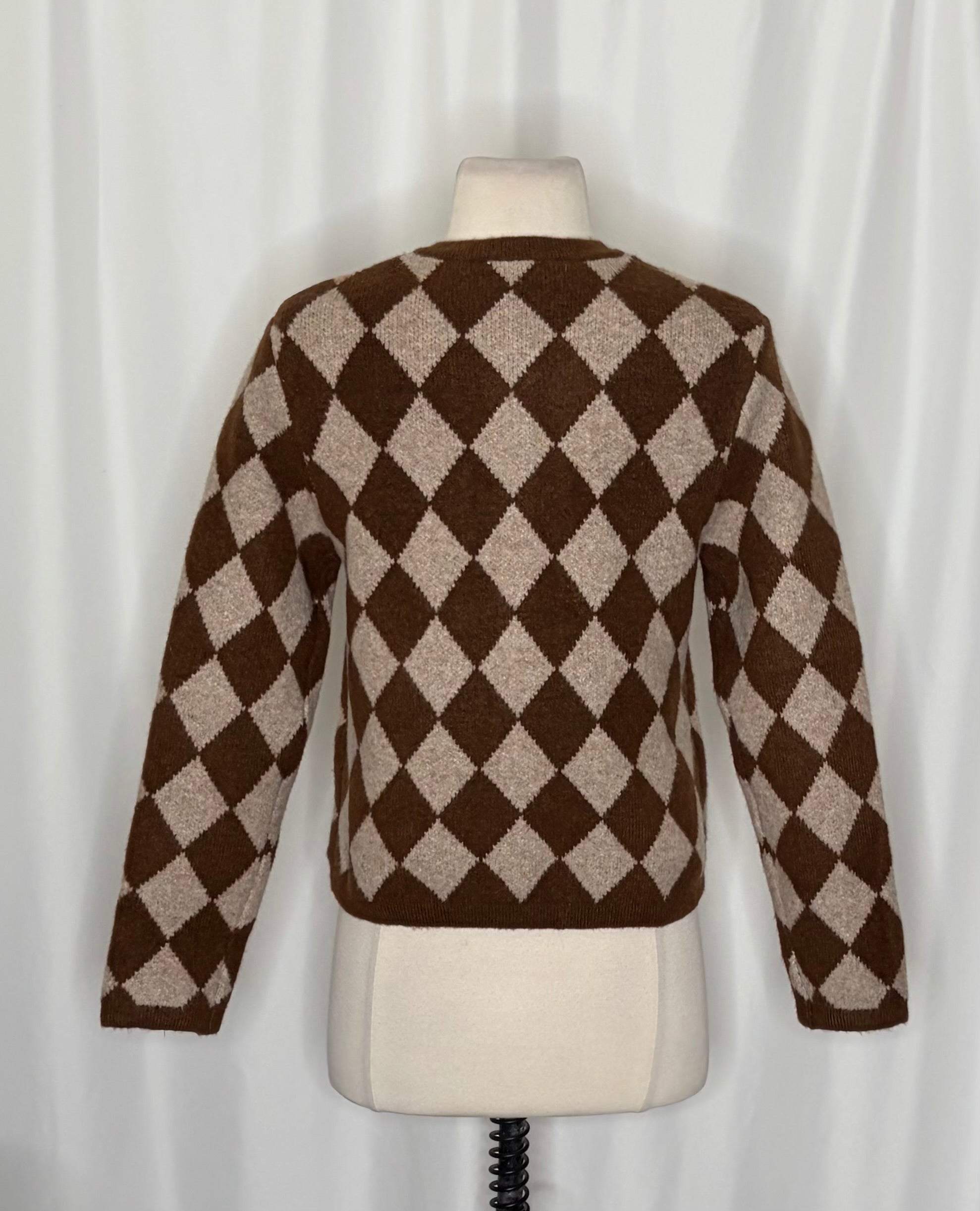 ZARA Argyle Cropped Cardigan Wool Blend Heart Buttons Blogger Favorite Small