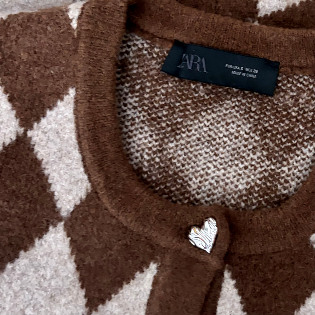 ZARA Argyle Cropped Cardigan Wool Blend Heart Buttons Blogger Favorite Small