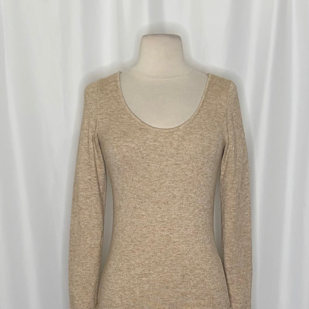 VINCE Scoop Neck Stretch Knit Long Sleeve Pullover Top Beige Tan Knitwear XS