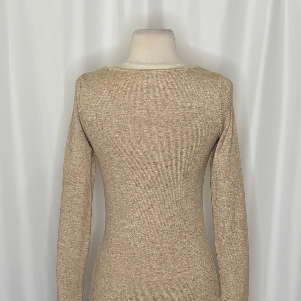 VINCE Scoop Neck Stretch Knit Long Sleeve Pullover Top Beige Tan Knitwear XS