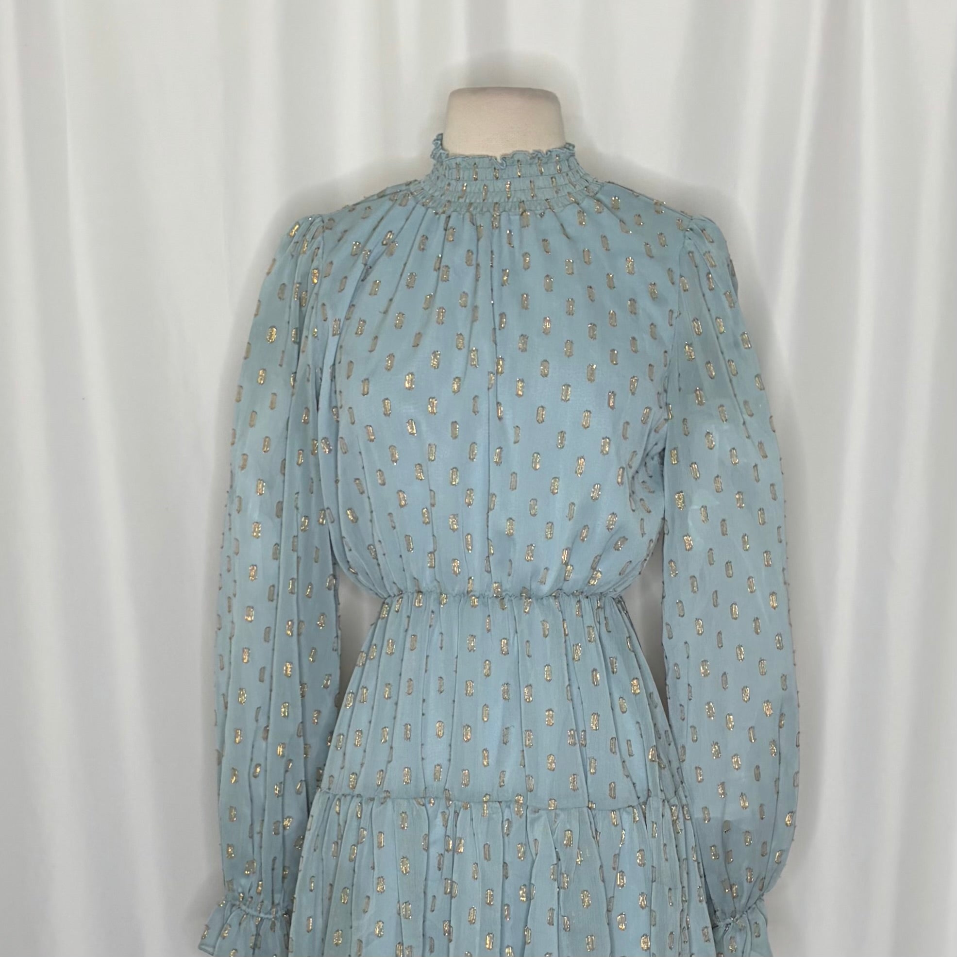 NWT O.P.T. One Pretty Time Lluvia Dress Blue Gold Smocked Dots Mini XS X-Small