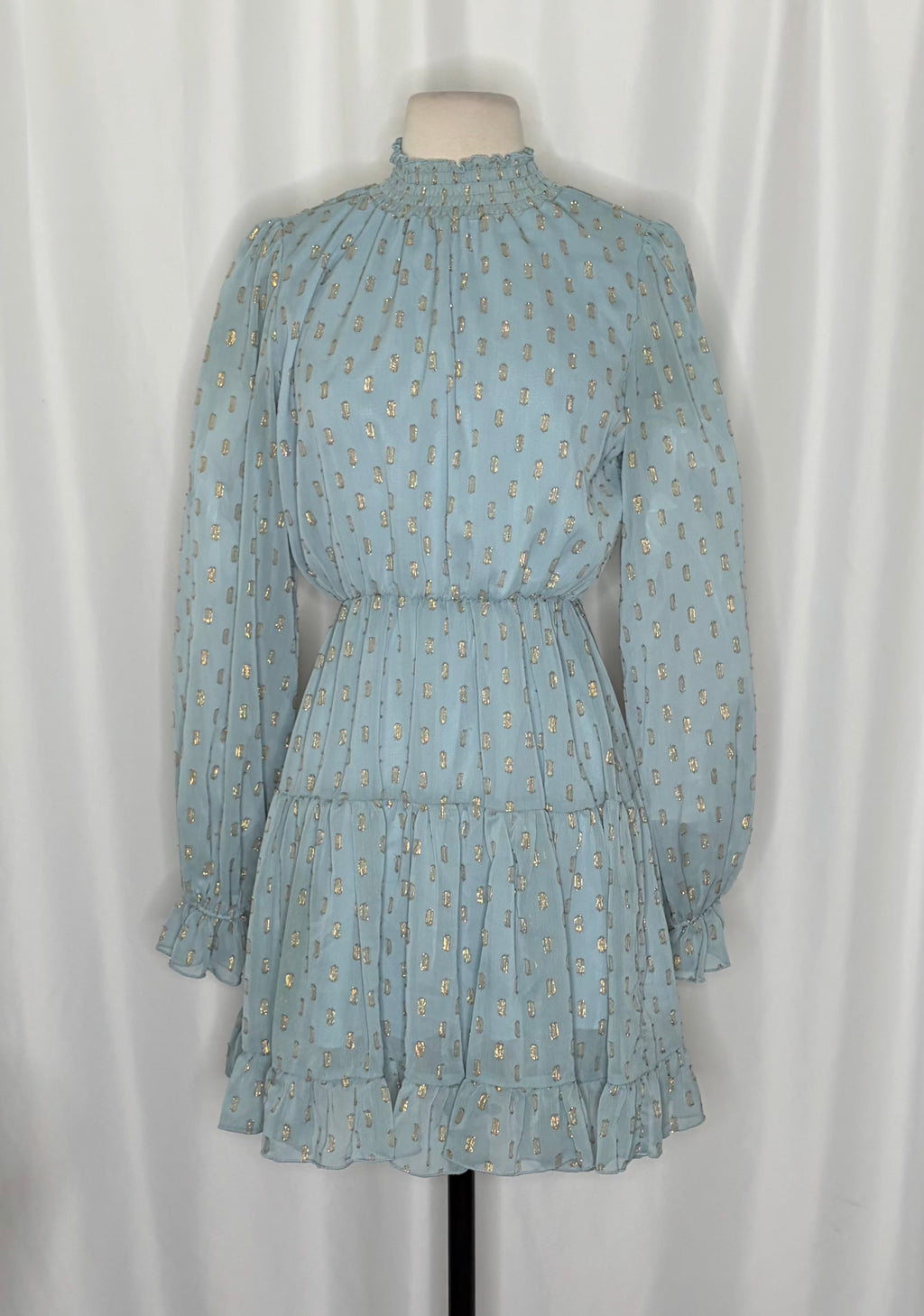 NWT O.P.T. One Pretty Time Lluvia Dress Blue Gold Smocked Dots Mini XS X-Small