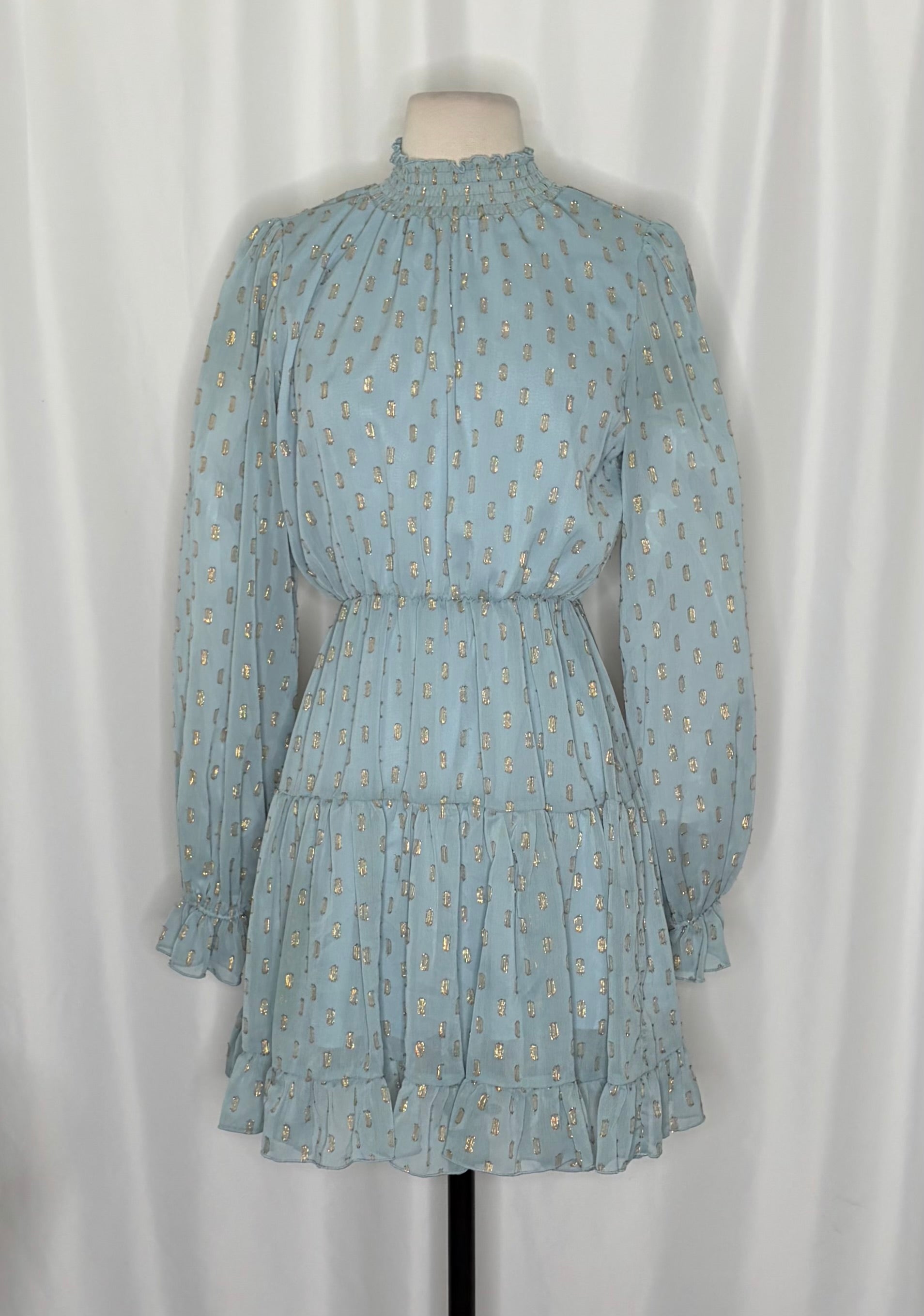 NWT O.P.T. One Pretty Time Lluvia Dress Blue Gold Smocked Dots Mini XS X-Small