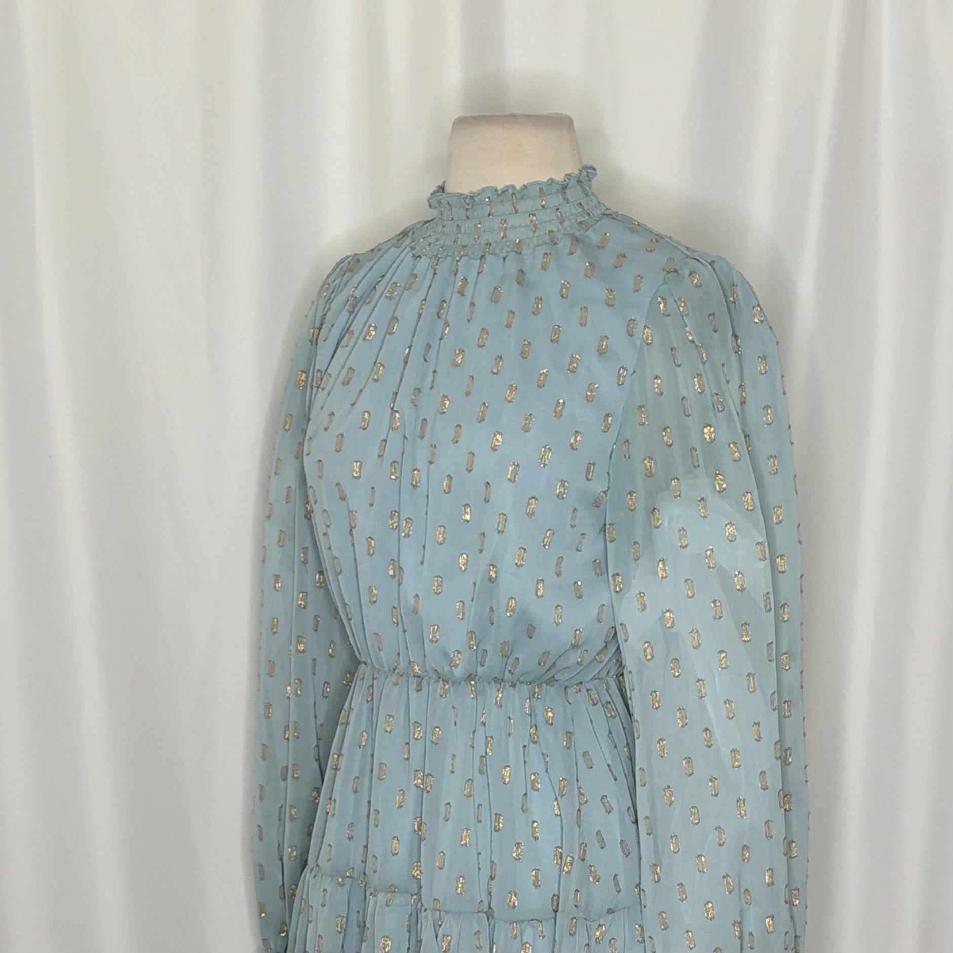 NWT O.P.T. One Pretty Time Lluvia Dress Blue Gold Smocked Dots Mini XS X-Small