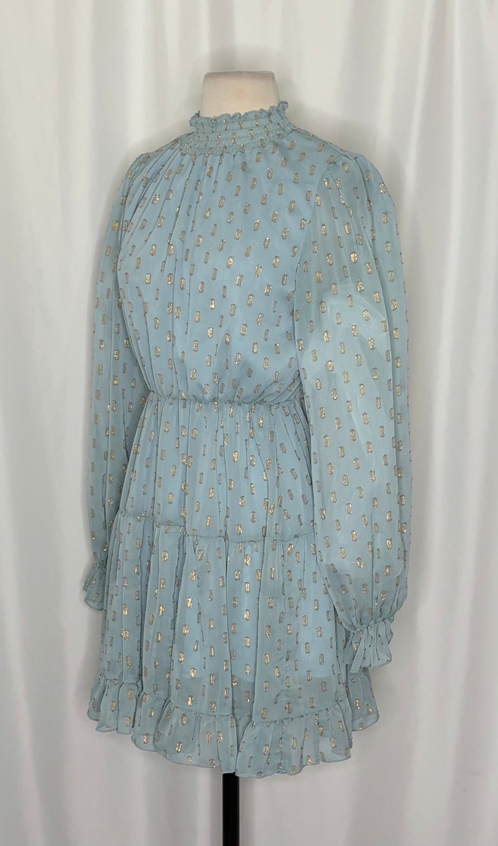 NWT O.P.T. One Pretty Time Lluvia Dress Blue Gold Smocked Dots Mini XS X-Small