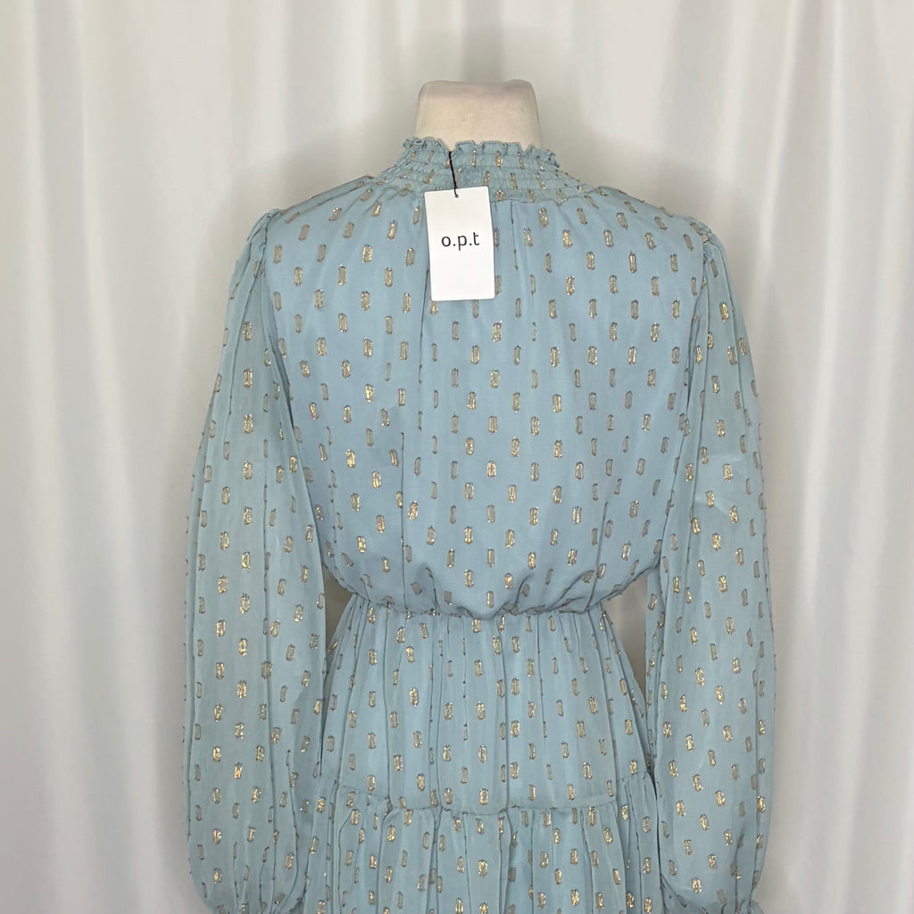 NWT O.P.T. One Pretty Time Lluvia Dress Blue Gold Smocked Dots Mini XS X-Small