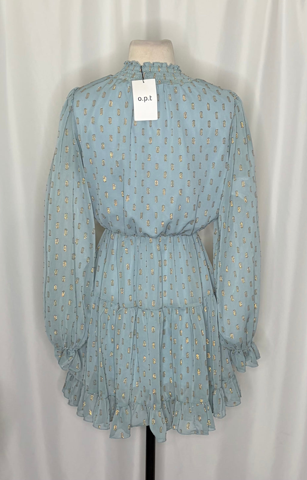 NWT O.P.T. One Pretty Time Lluvia Dress Blue Gold Smocked Dots Mini XS X-Small