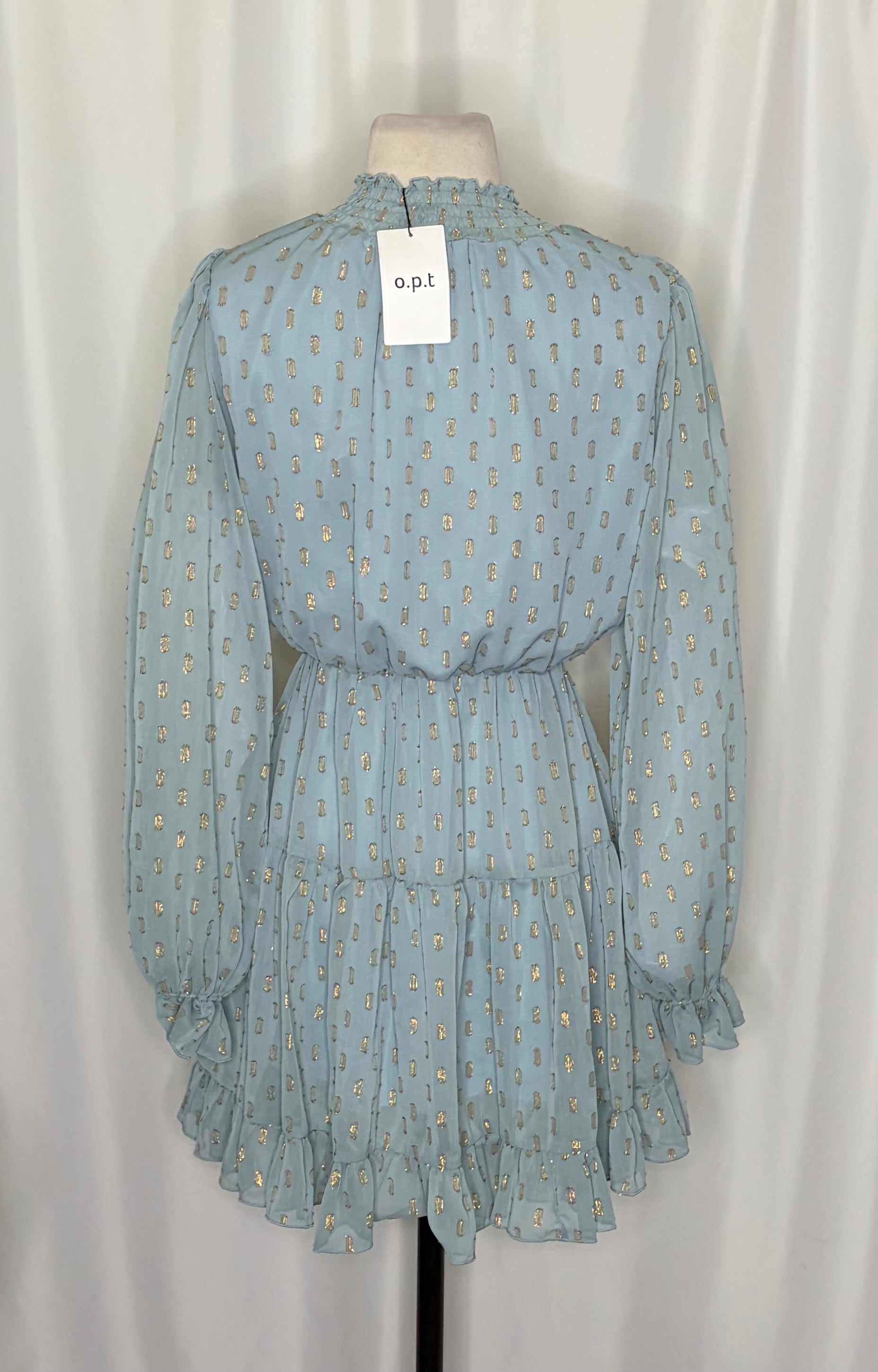 NWT O.P.T. One Pretty Time Lluvia Dress Blue Gold Smocked Dots Mini XS X-Small