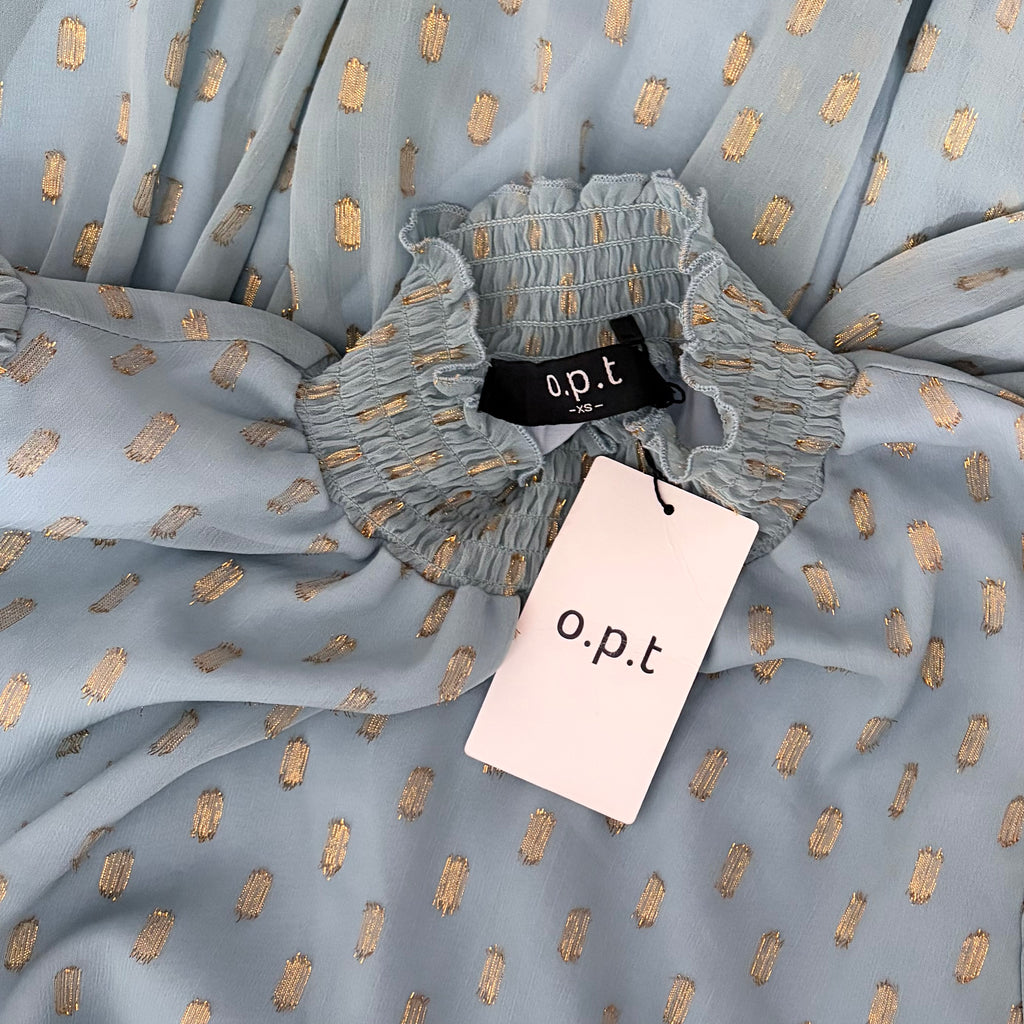 NWT O.P.T. One Pretty Time Lluvia Dress Blue Gold Smocked Dots Mini XS X-Small