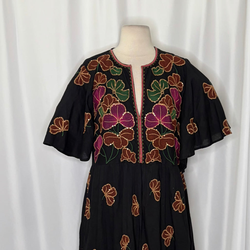 OLIPHANT Embroidered Sequin Floral Midi Maxi Dress Pockets Bohemian Medium