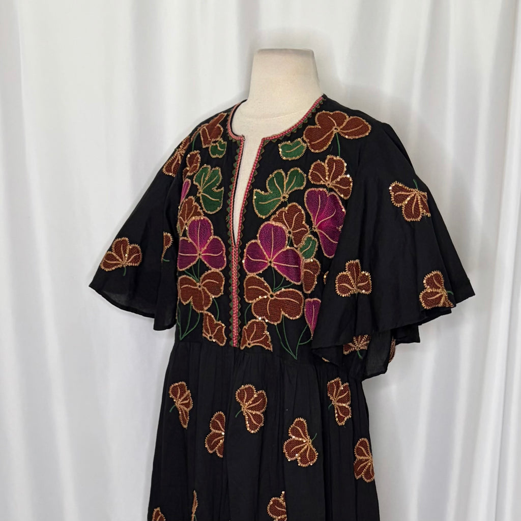 OLIPHANT Embroidered Sequin Floral Midi Maxi Dress Pockets Bohemian Medium