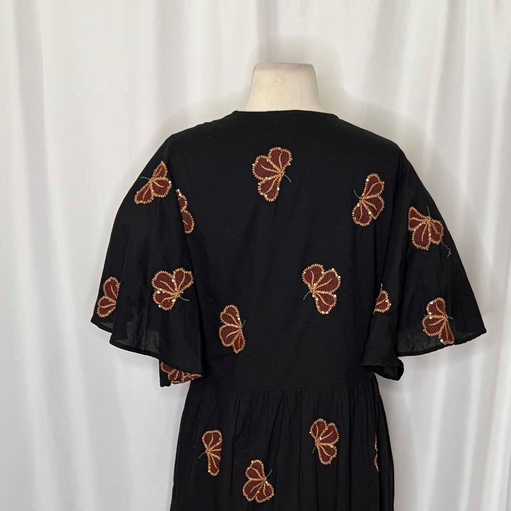 OLIPHANT Embroidered Sequin Floral Midi Maxi Dress Pockets Bohemian Medium
