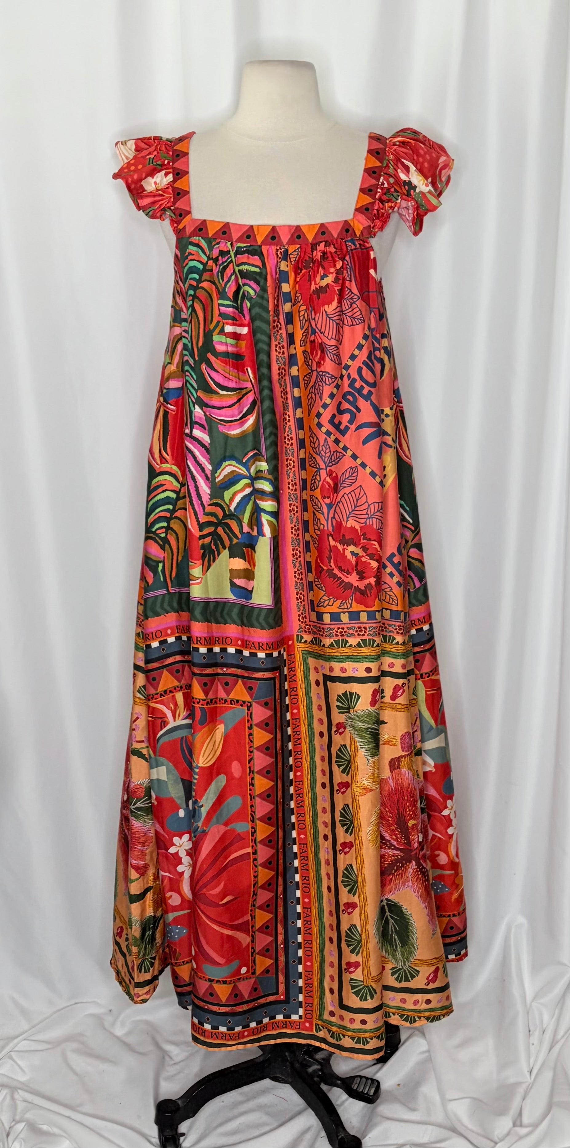 Anthropologie FARM RIO Mosaic Midi Dress Cotton Pockets Colorful Tropical Medium