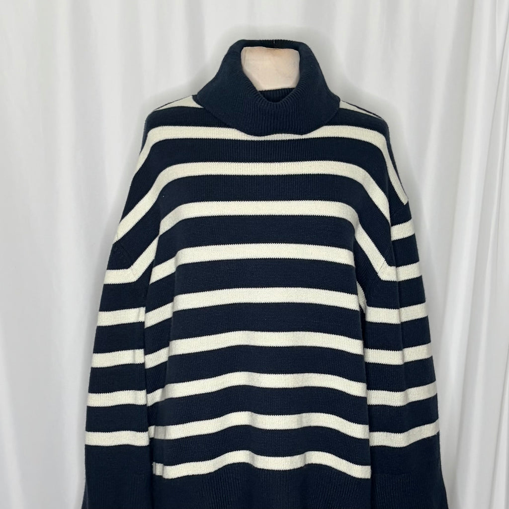 WEWOREWHAT Striped Turtleneck Sweater Navy Blue Ivory Oversized Medium Large