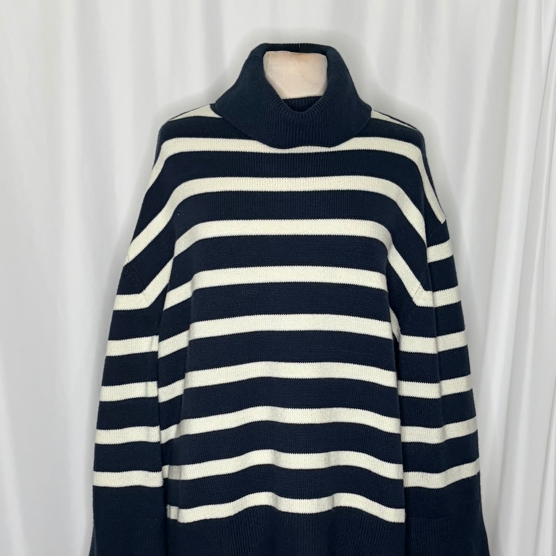 WEWOREWHAT Striped Turtleneck Sweater Navy Blue Ivory Oversized Medium Large