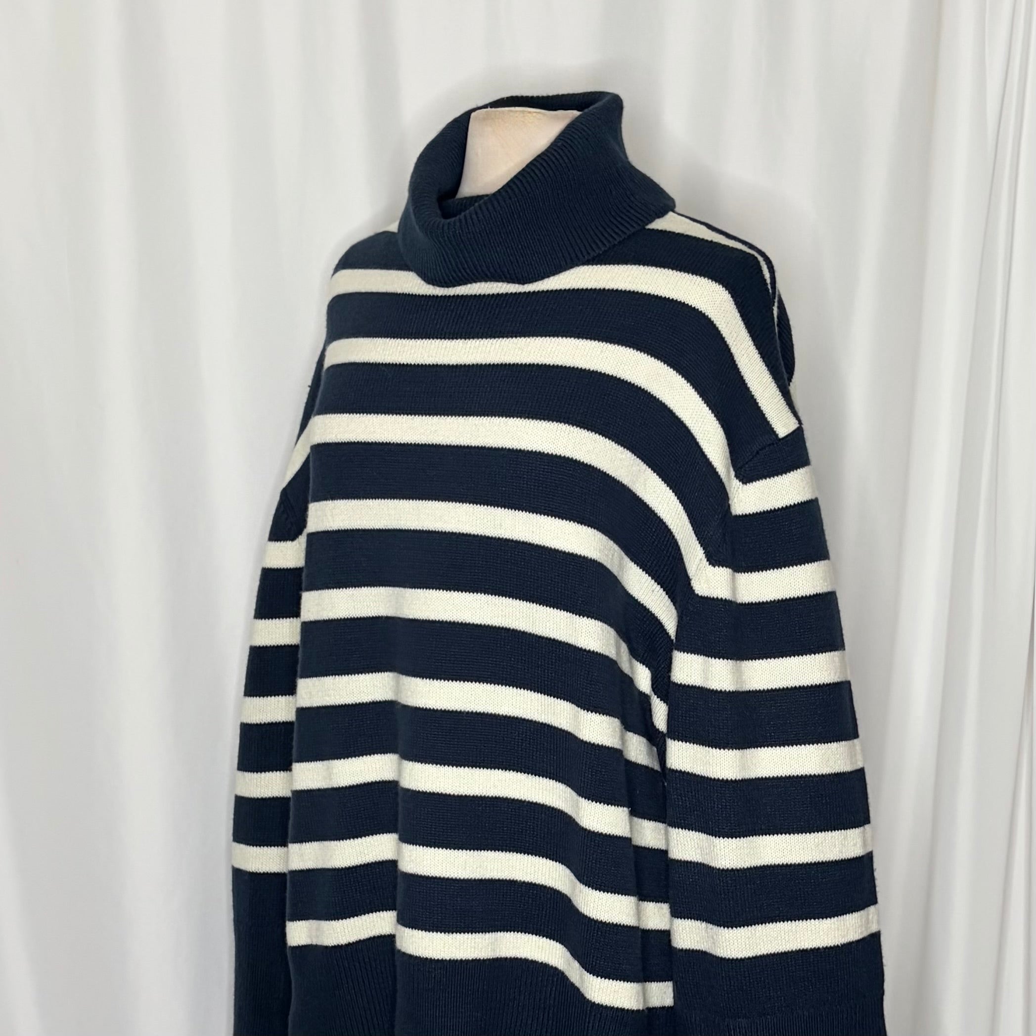 WEWOREWHAT Striped Turtleneck Sweater Navy Blue Ivory Oversized Medium Large