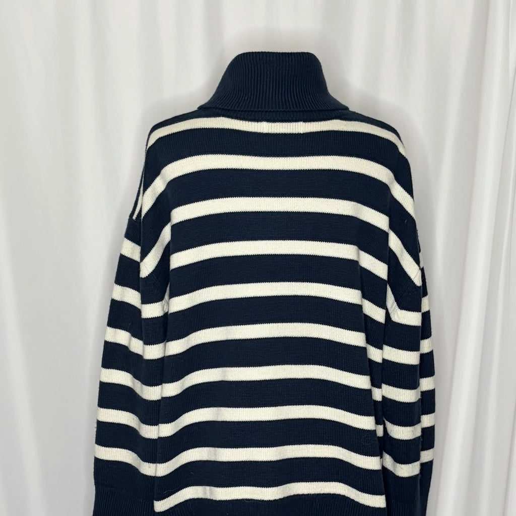 WEWOREWHAT Striped Turtleneck Sweater Navy Blue Ivory Oversized Medium Large
