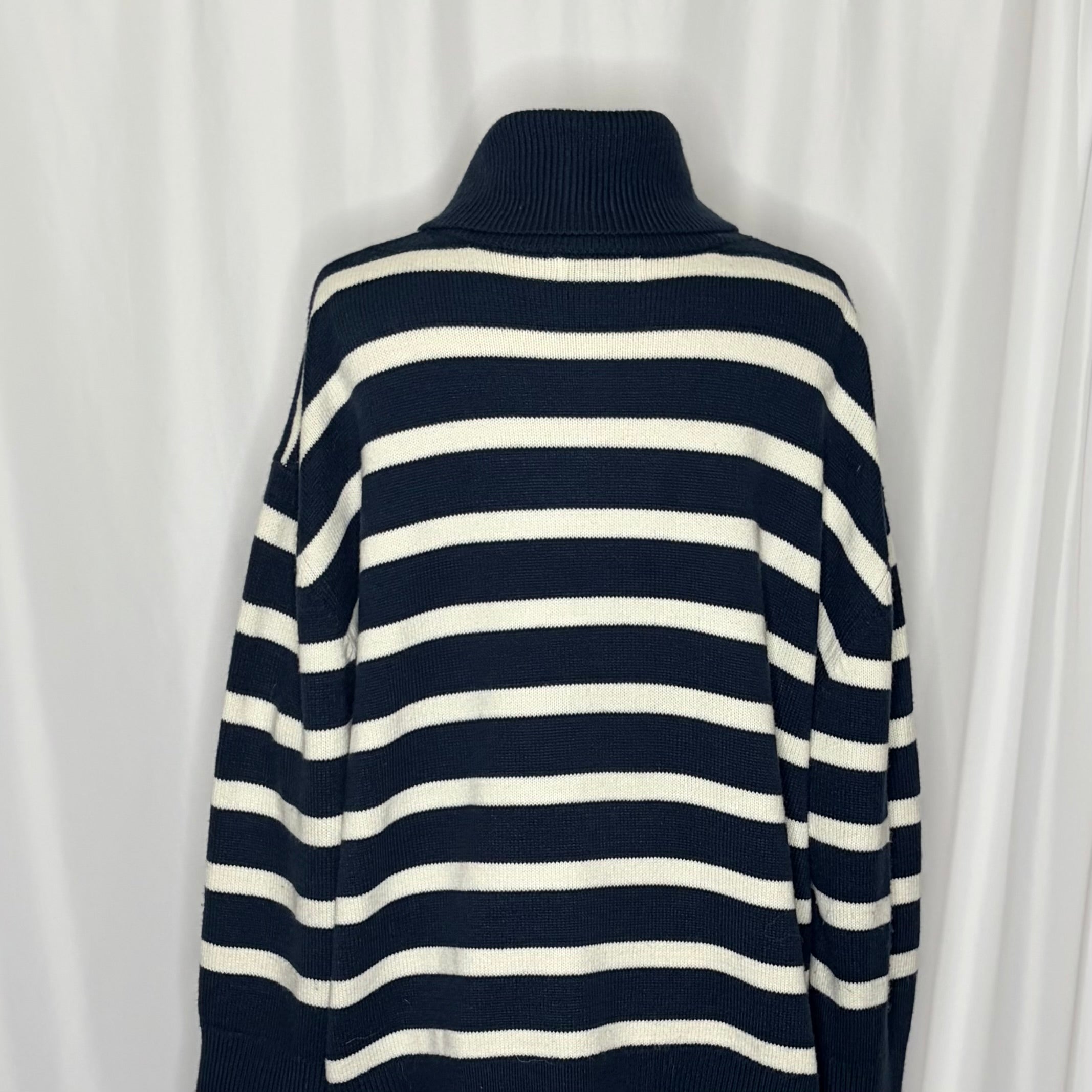 WEWOREWHAT Striped Turtleneck Sweater Navy Blue Ivory Oversized Medium Large