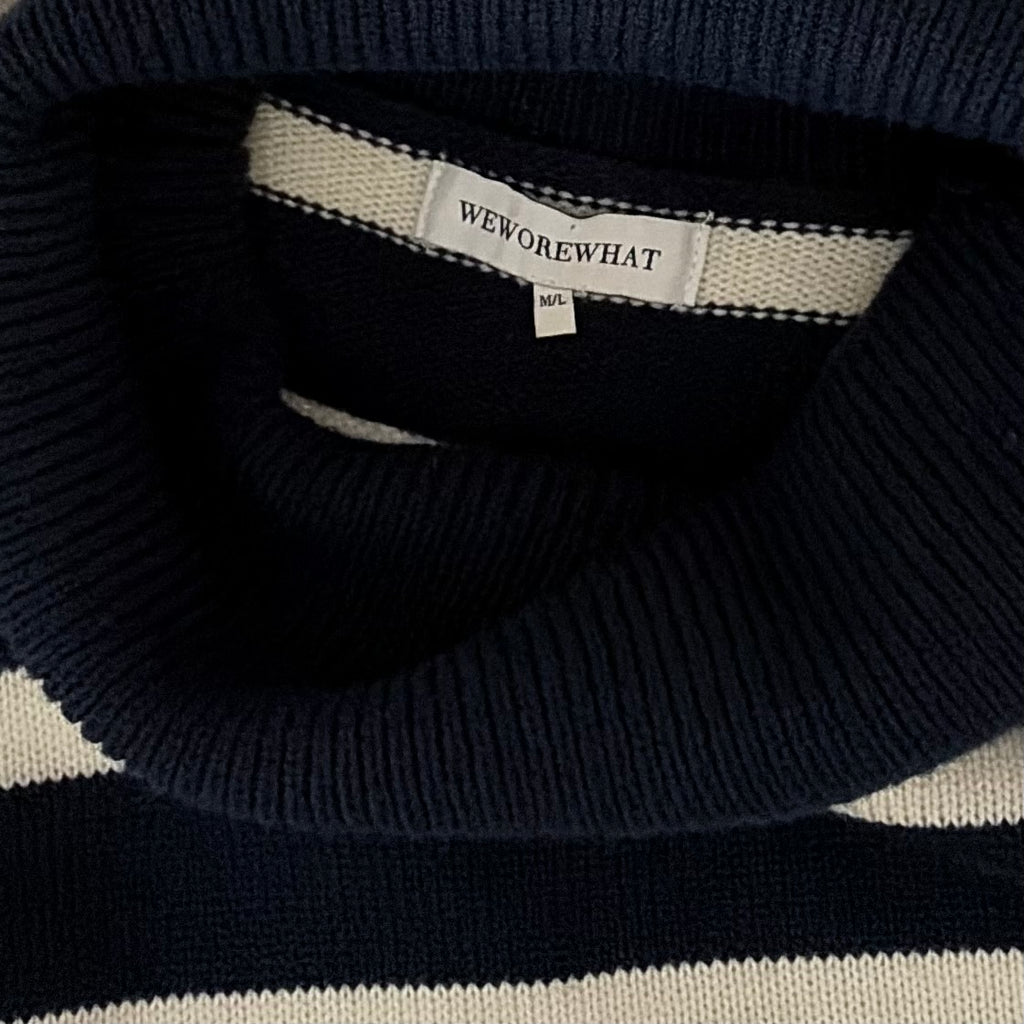 WEWOREWHAT Striped Turtleneck Sweater Navy Blue Ivory Oversized Medium Large