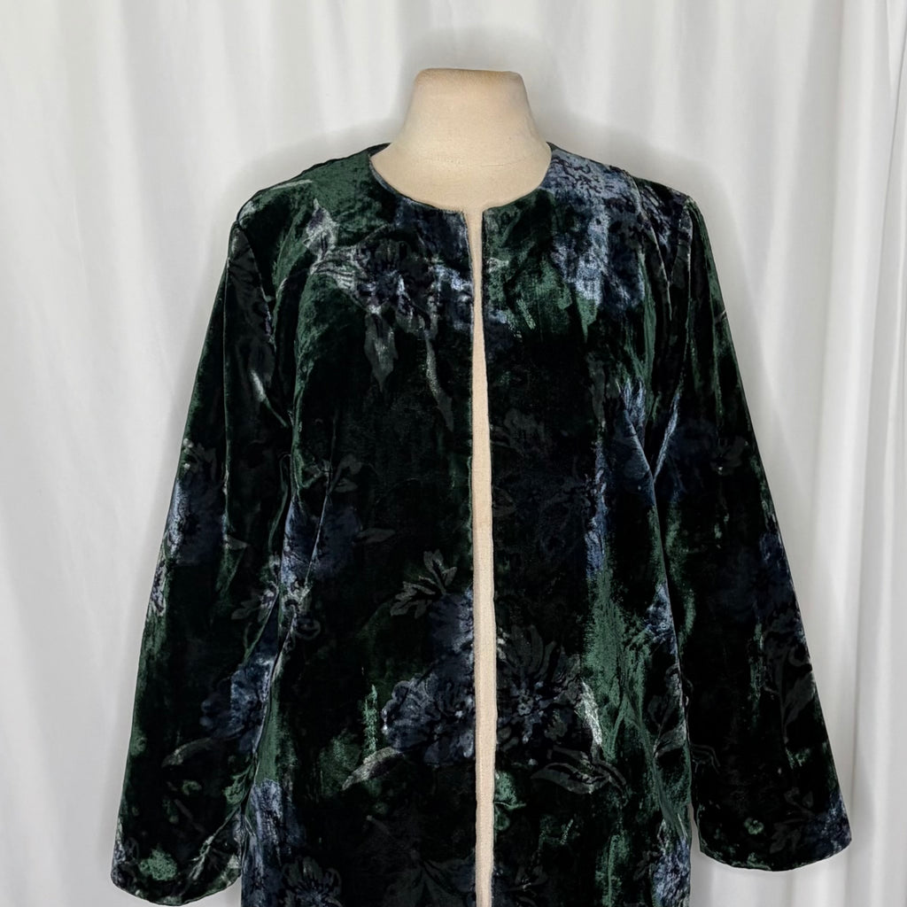 Anthropologie EVA FRANCO Floral Velvet Car Coat Open Front Green Teal Medium