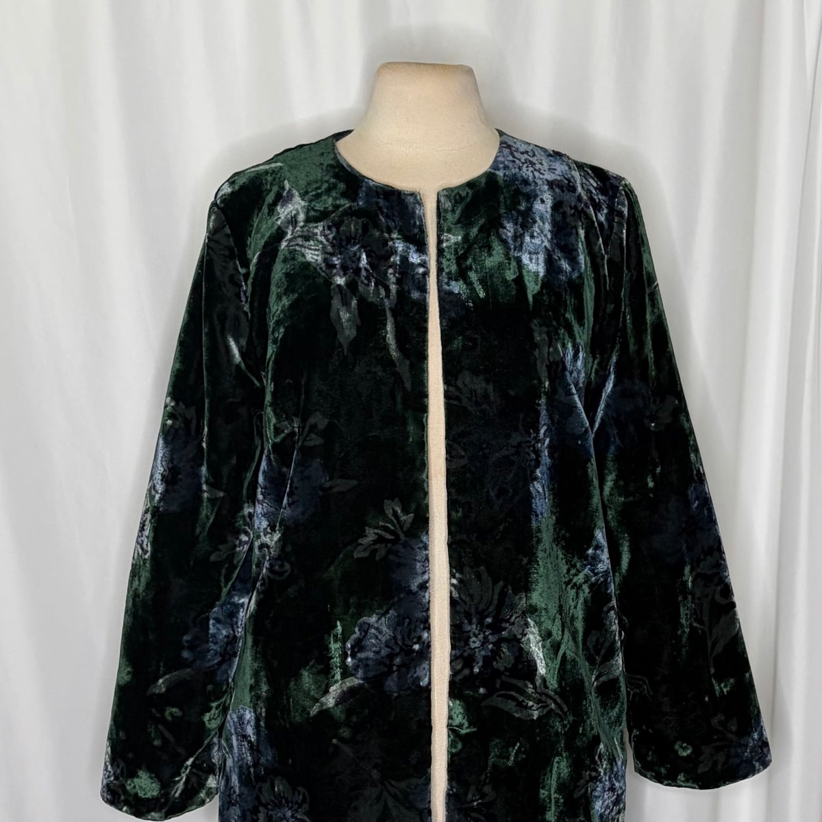 Anthropologie EVA FRANCO Floral Velvet Car Coat Open Front Green Teal Medium
