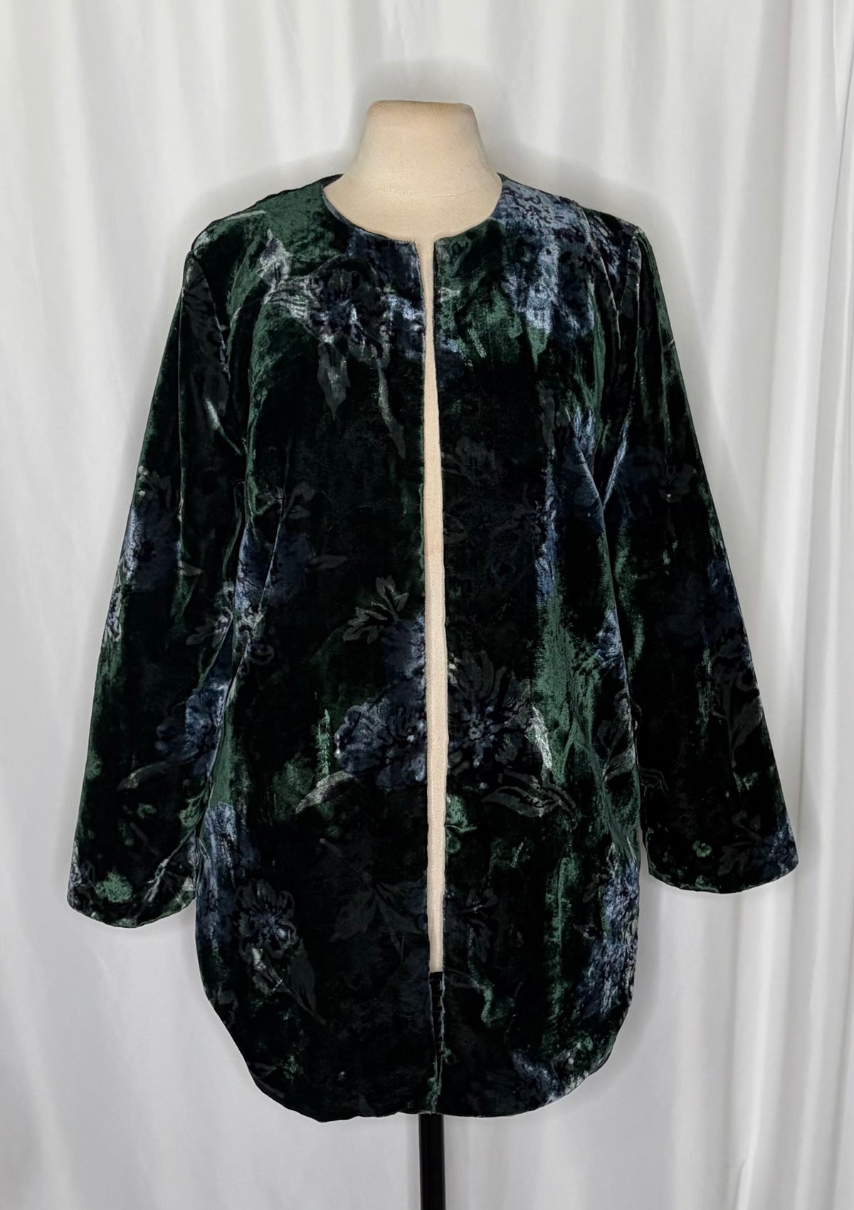 Anthropologie EVA FRANCO Floral Velvet Car Coat Open Front Green Teal Medium