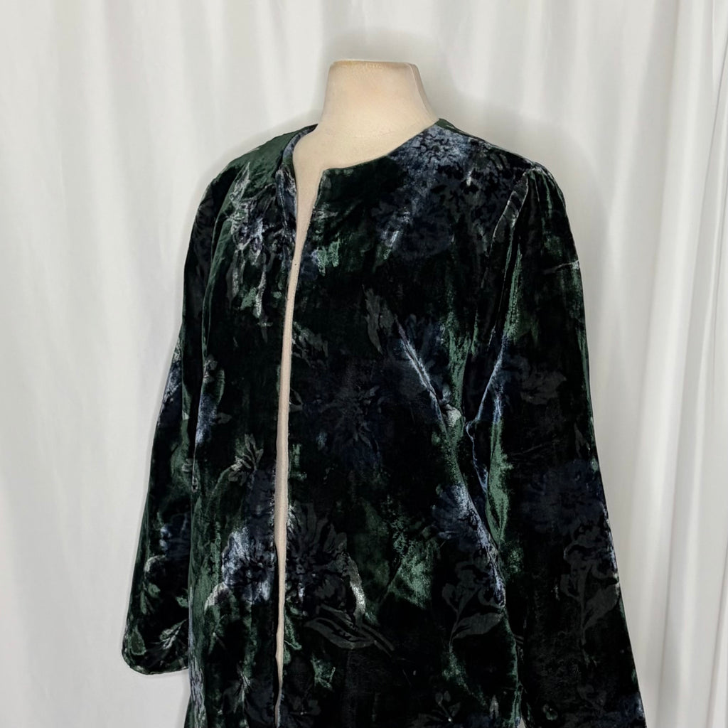 Anthropologie EVA FRANCO Floral Velvet Car Coat Open Front Green Teal Medium