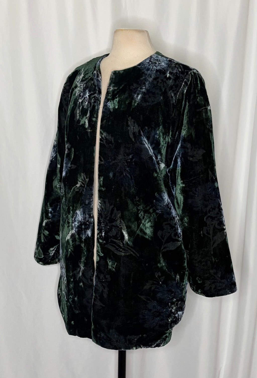 Anthropologie EVA FRANCO Floral Velvet Car Coat Open Front Green Teal Medium