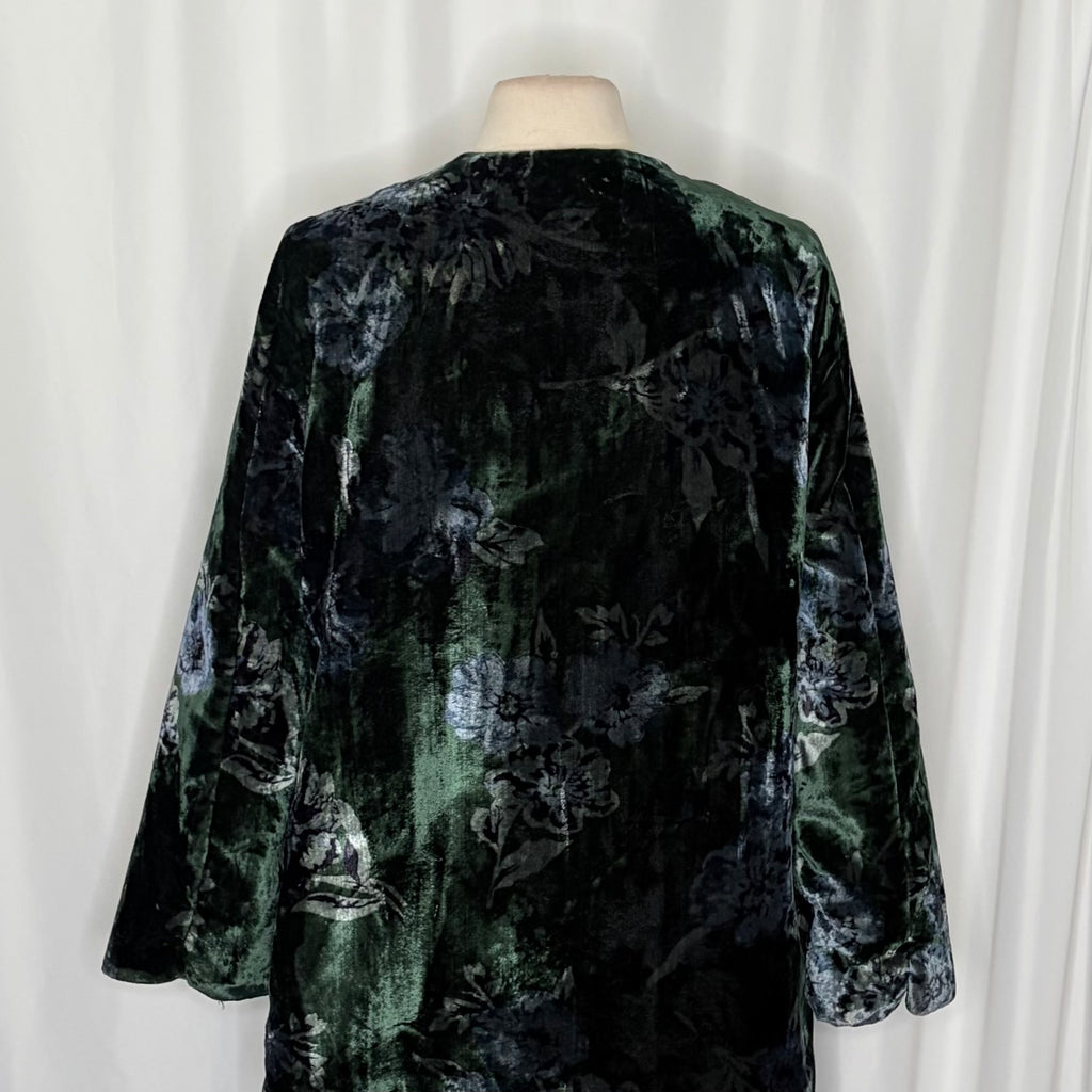 Anthropologie EVA FRANCO Floral Velvet Car Coat Open Front Green Teal Medium