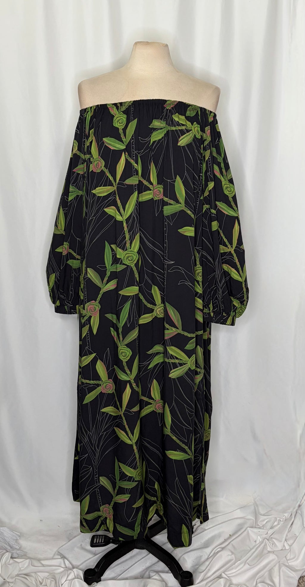NWT LEXBREEZY HAWAII Ti Leaf Off Shoulder Maxi Dress lack Botanical Bamboo Large