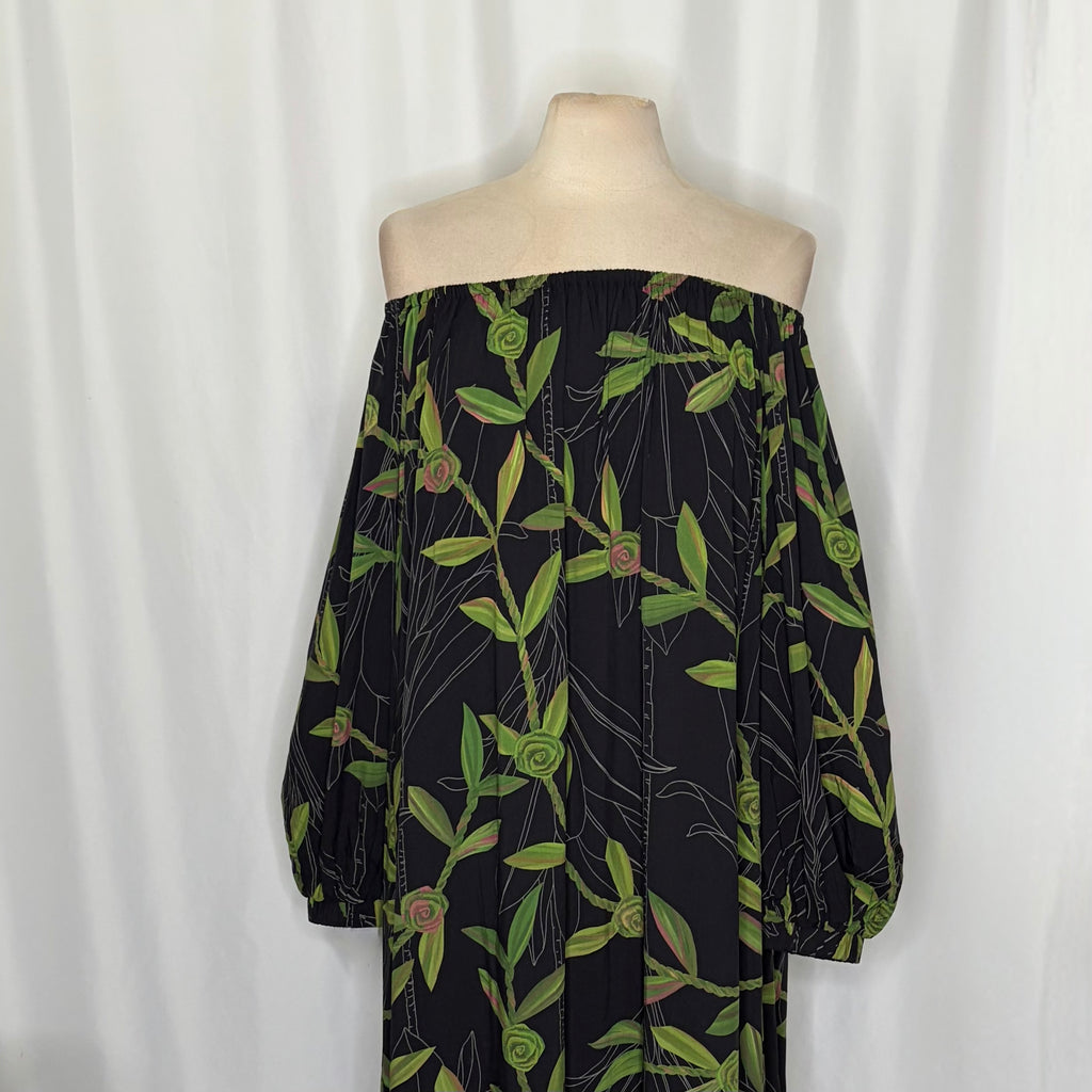 NWT LEXBREEZY HAWAII Ti Leaf Off Shoulder Maxi Dress lack Botanical Bamboo Large