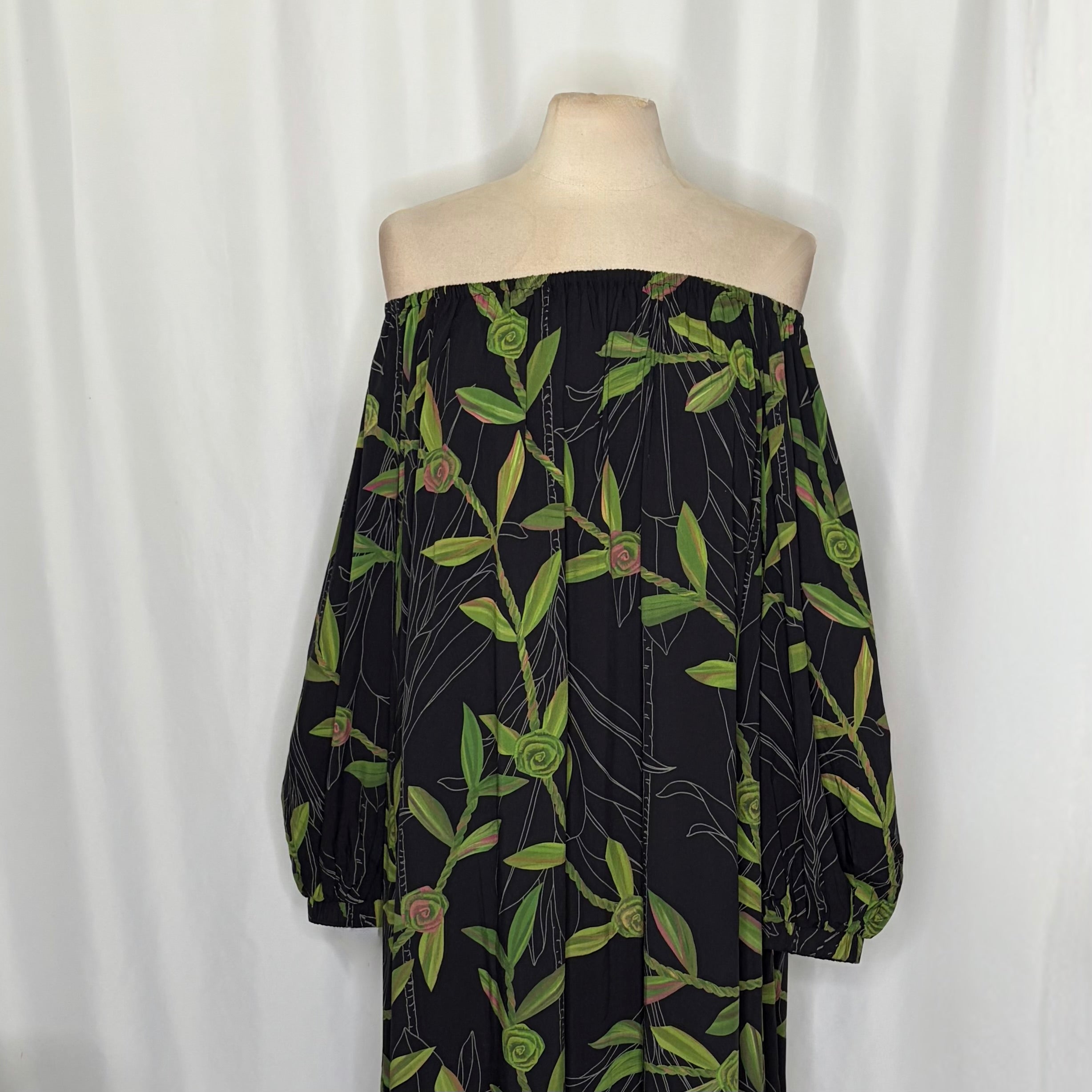 NWT LEXBREEZY HAWAII Ti Leaf Off Shoulder Maxi Dress lack Botanical Bamboo Large