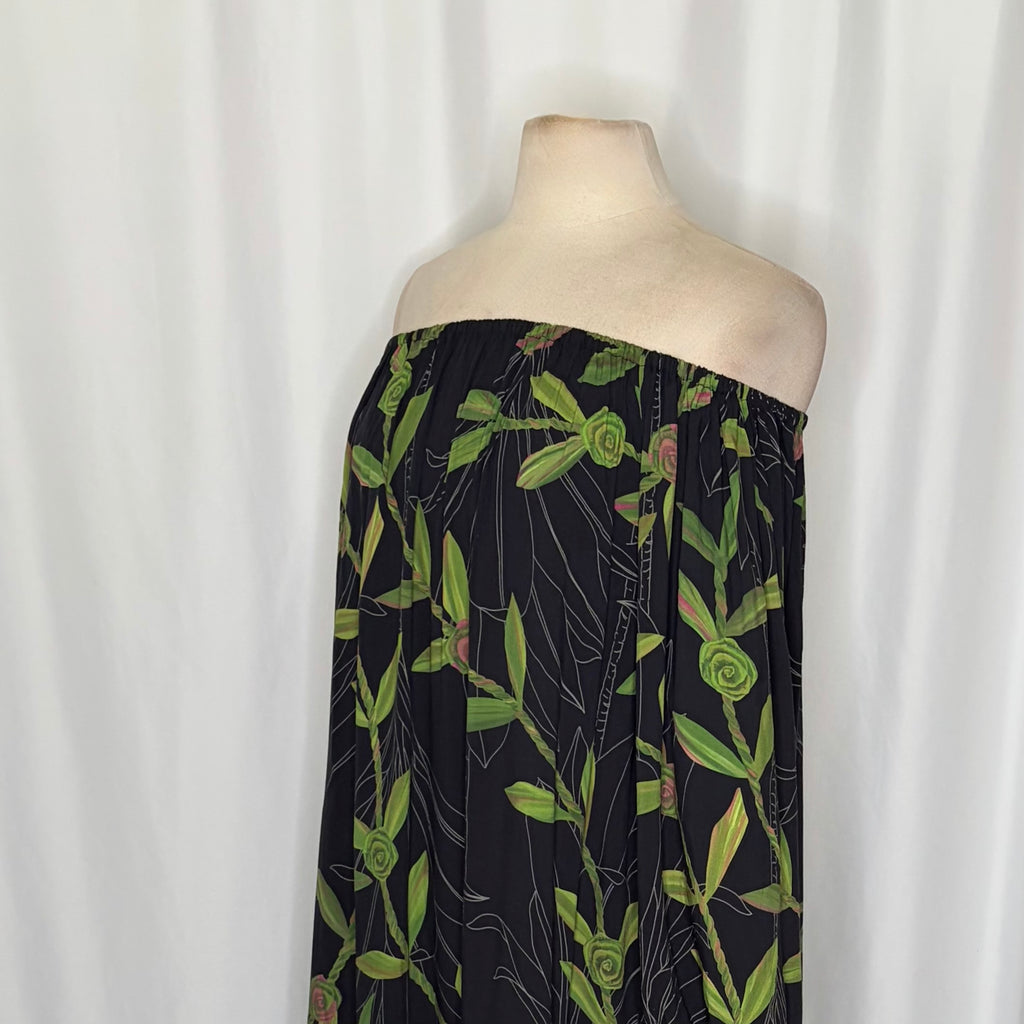 NWT LEXBREEZY HAWAII Ti Leaf Off Shoulder Maxi Dress lack Botanical Bamboo Large