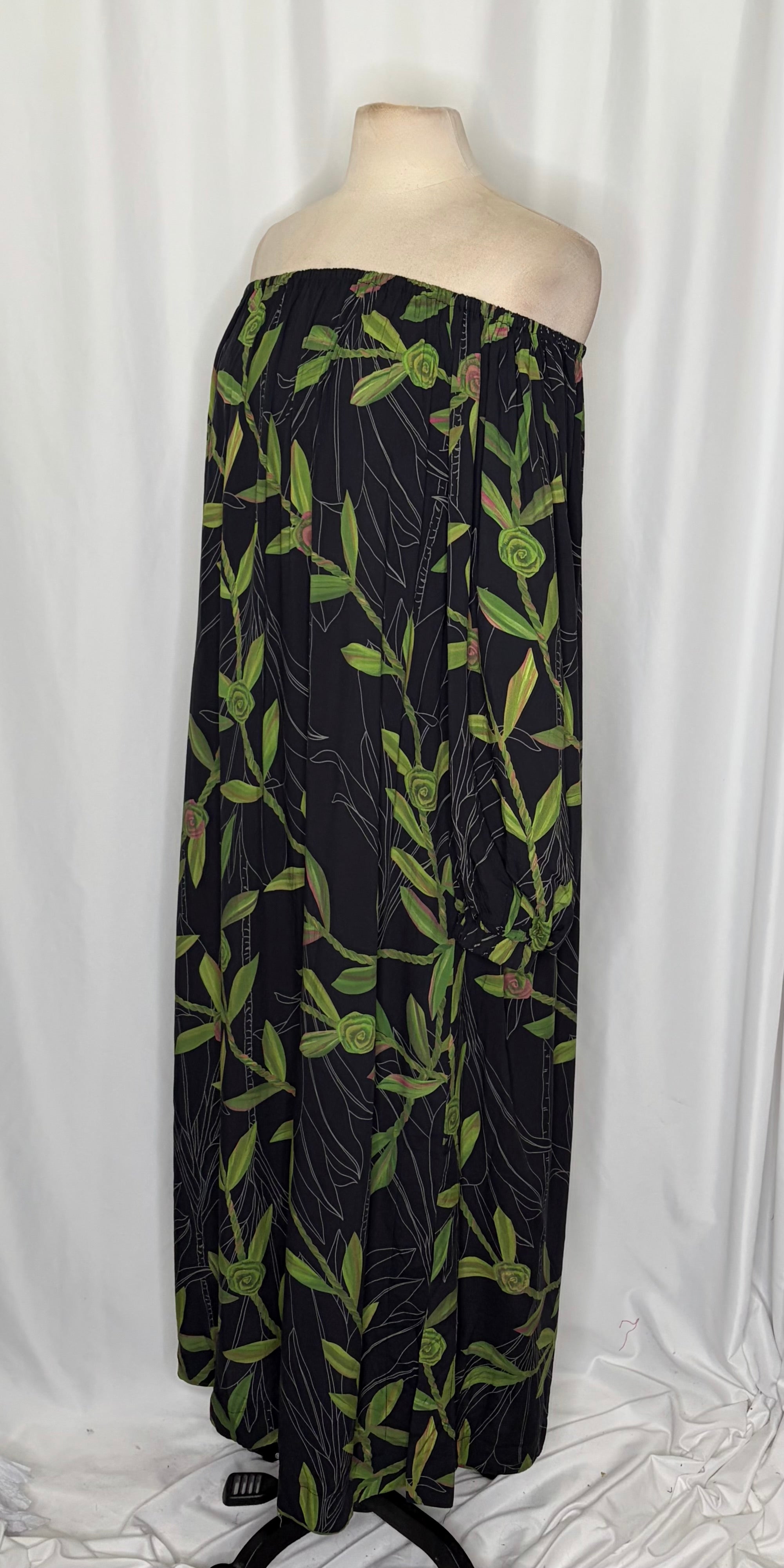 NWT LEXBREEZY HAWAII Ti Leaf Off Shoulder Maxi Dress lack Botanical Bamboo Large