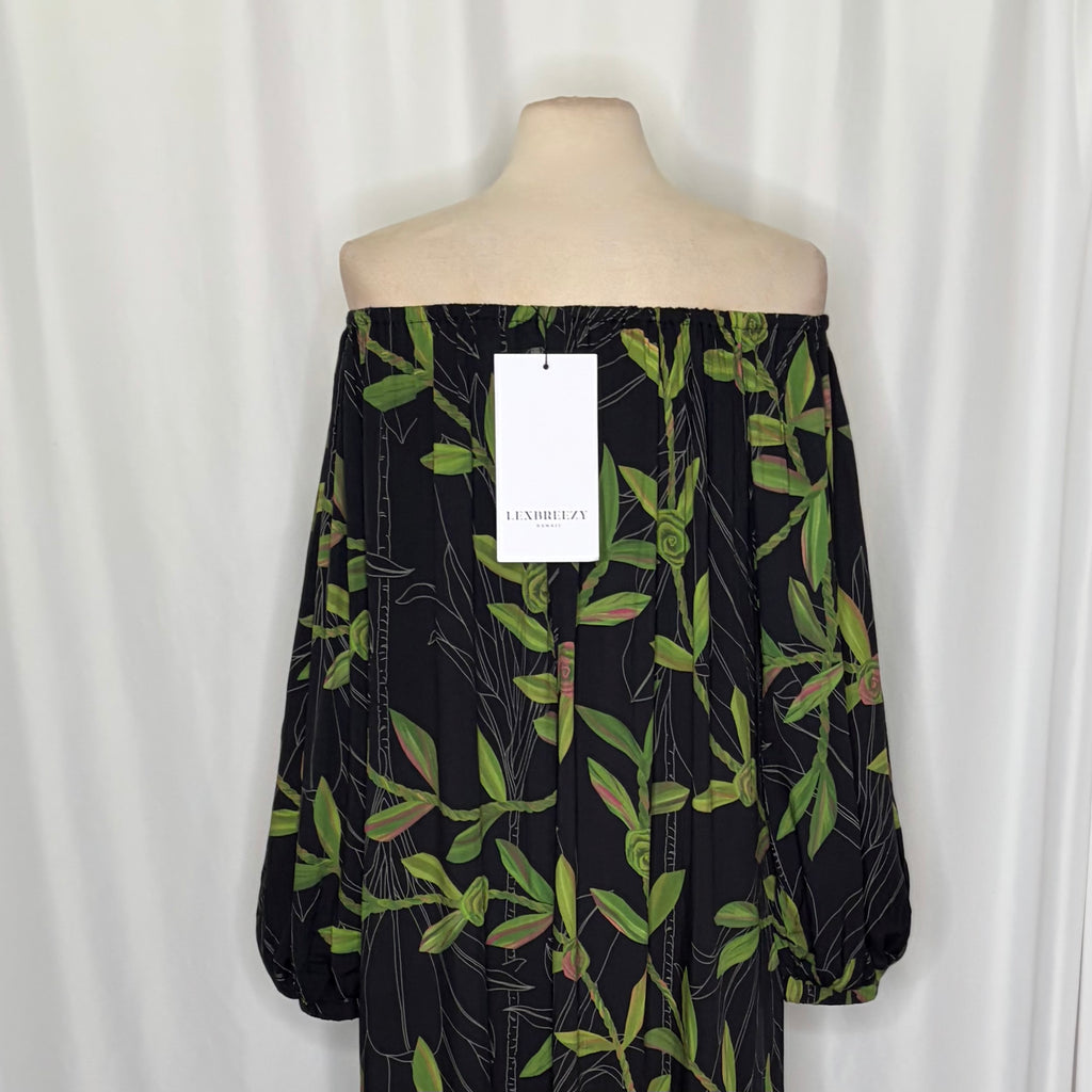 NWT LEXBREEZY HAWAII Ti Leaf Off Shoulder Maxi Dress lack Botanical Bamboo Large