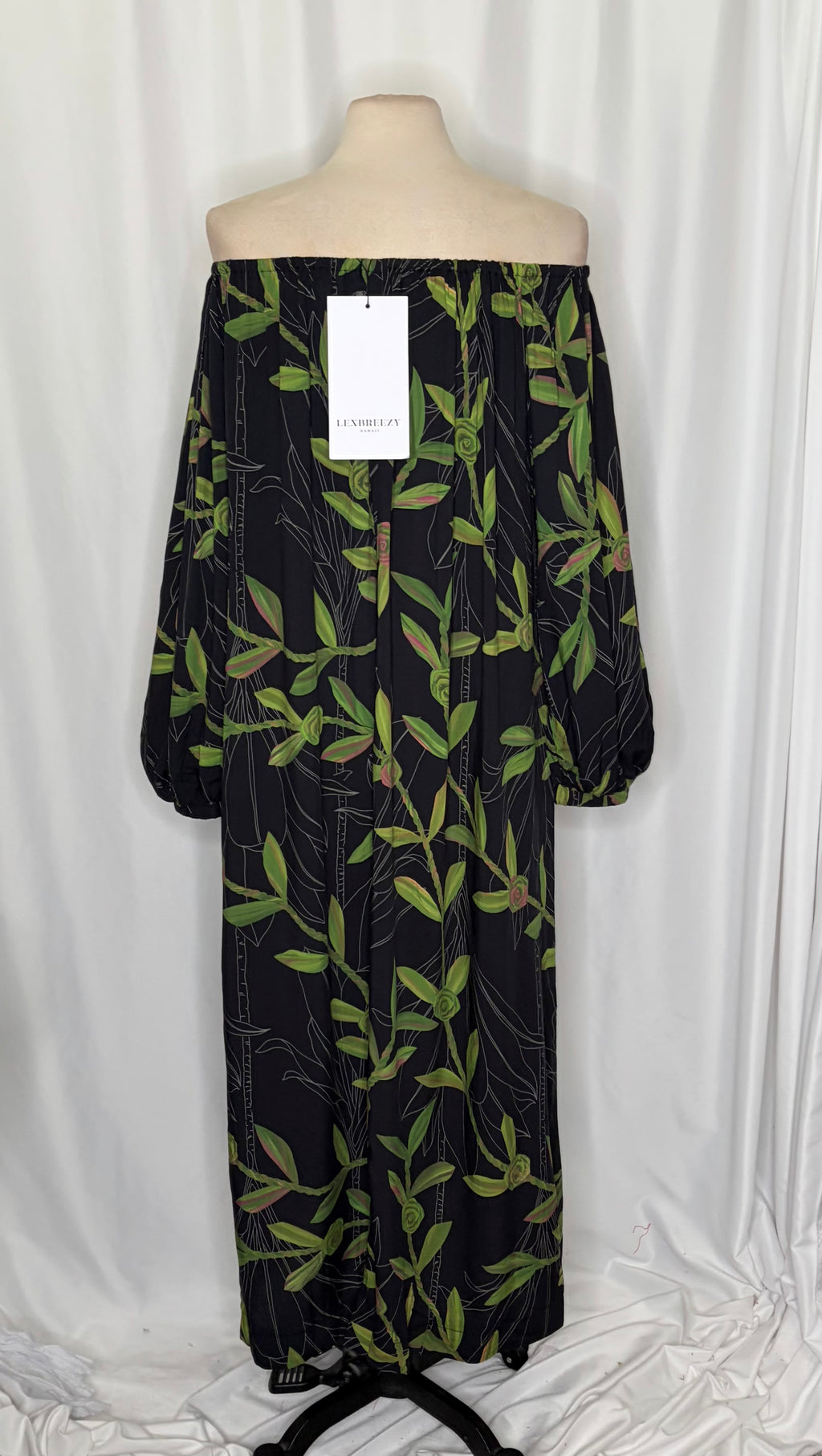 NWT LEXBREEZY HAWAII Ti Leaf Off Shoulder Maxi Dress lack Botanical Bamboo Large