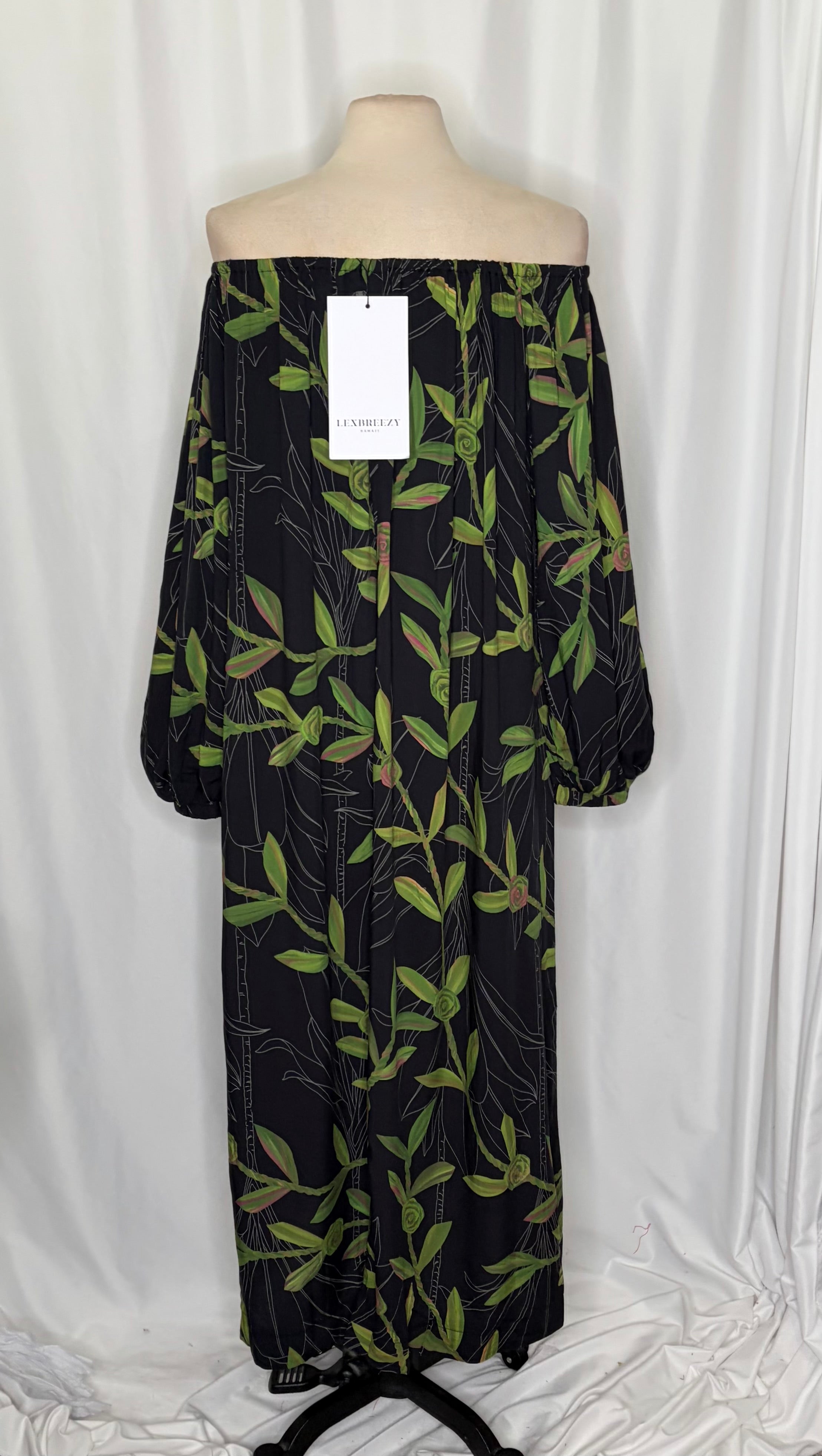 NWT LEXBREEZY HAWAII Ti Leaf Off Shoulder Maxi Dress lack Botanical Bamboo Large