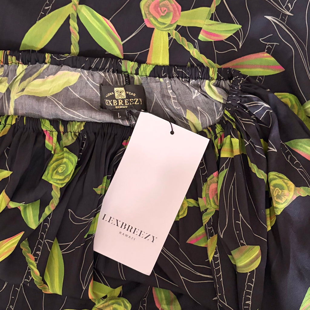NWT LEXBREEZY HAWAII Ti Leaf Off Shoulder Maxi Dress lack Botanical Bamboo Large