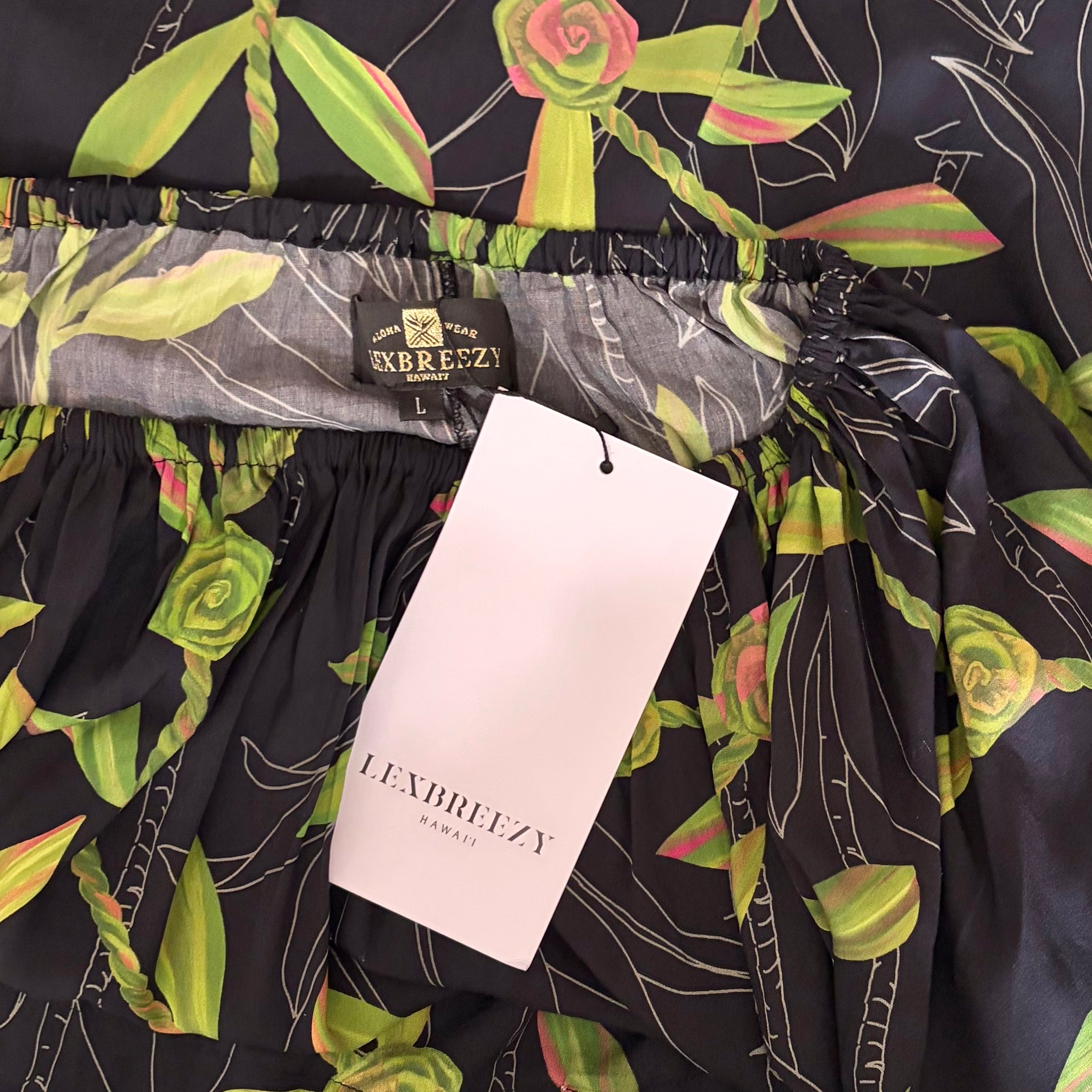 NWT LEXBREEZY HAWAII Ti Leaf Off Shoulder Maxi Dress lack Botanical Bamboo Large