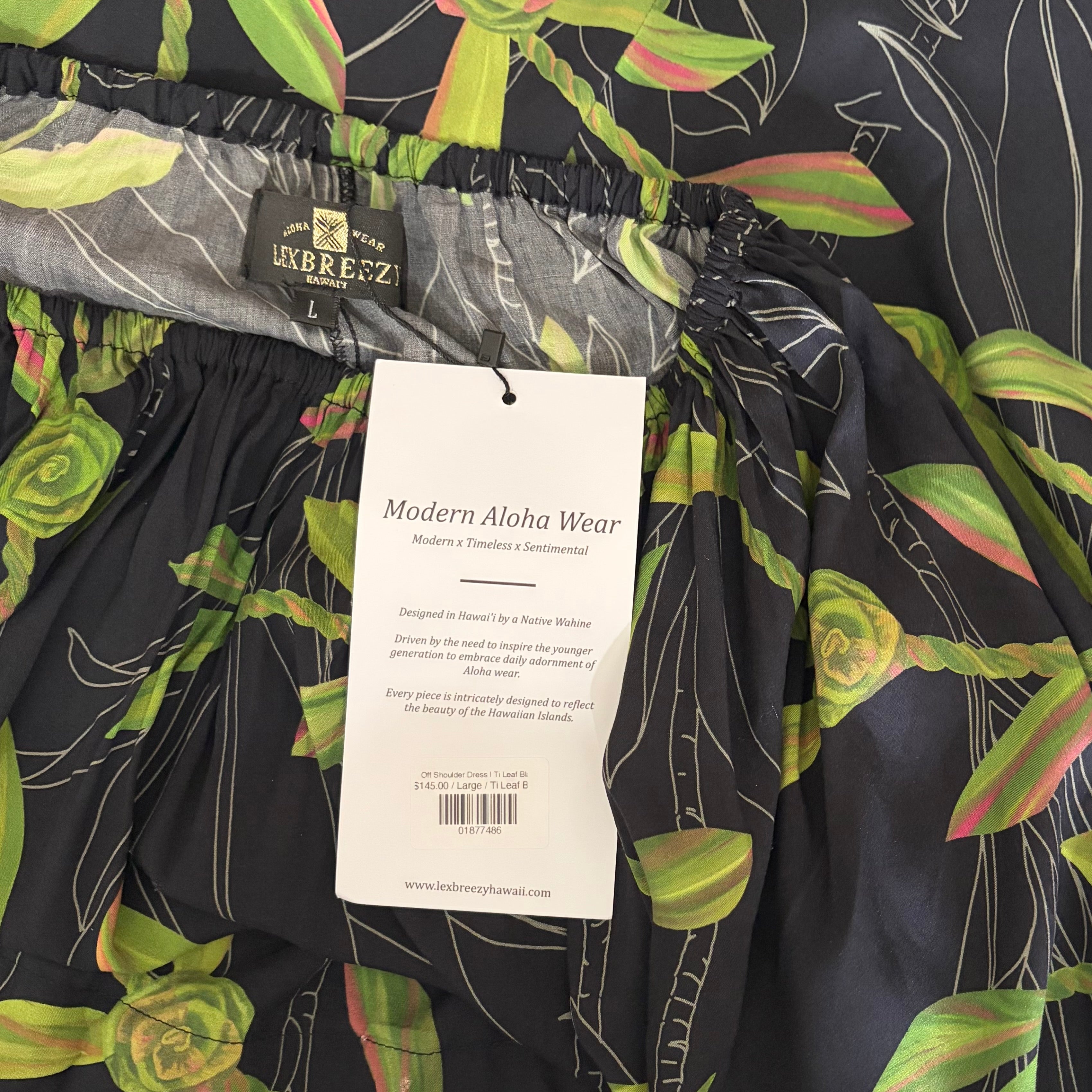 NWT LEXBREEZY HAWAII Ti Leaf Off Shoulder Maxi Dress lack Botanical Bamboo Large