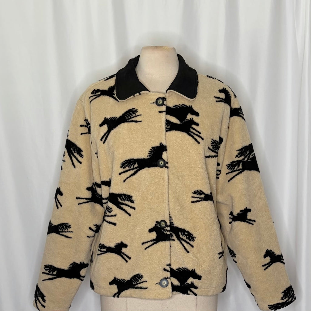 TSUNAMI Equestrian Horse Print Fleece Jacket Faux Suede Trim Buttons Large